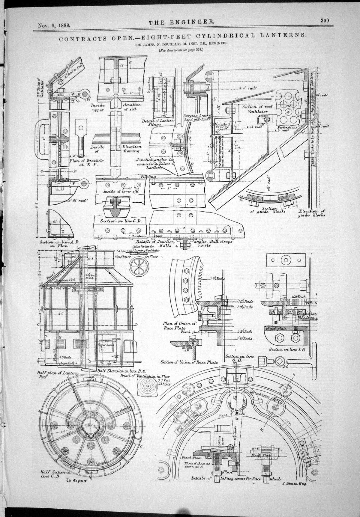 Antique Print 1888 Contracts Open Eight-Feet Cylindrical Lanterns Douglass 19th