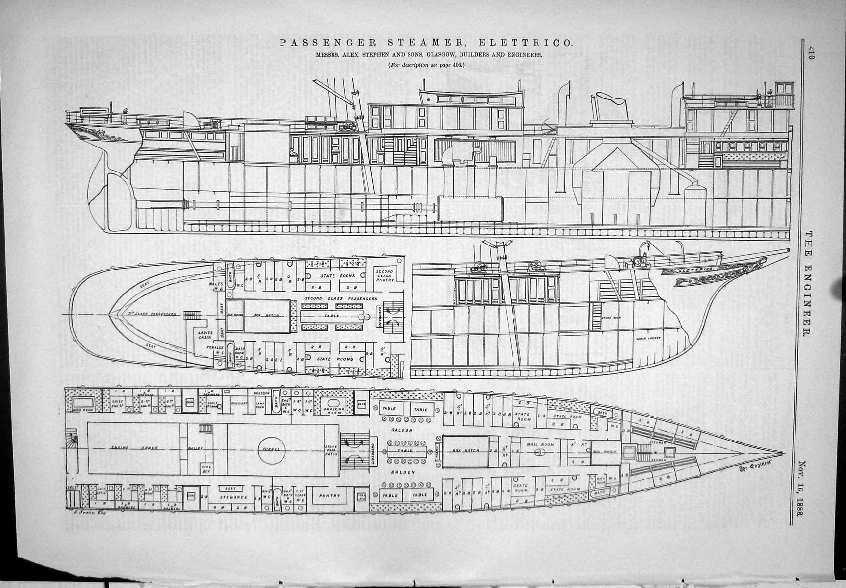 Old Print 1888 Plan Diagrams Passenger Steamer Elettrico Stephen Glasgow 19th