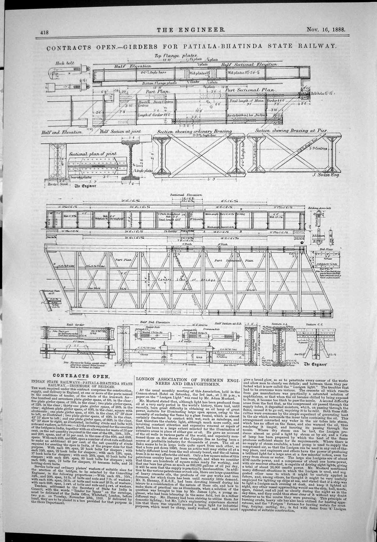 Antique Old Print 1888 Contracts Open Girders Patiala-Bhatinda State Railway