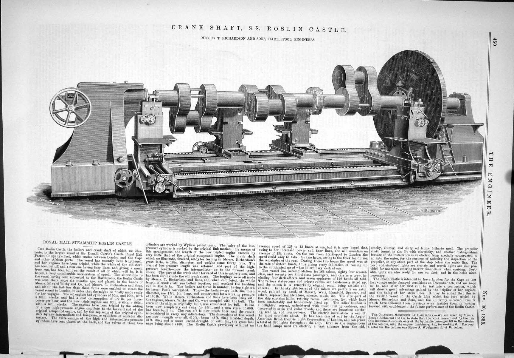 Old Print 1888 Crank Shaft Steam Ship Roslin Castle Richardson Hartlepool 19th