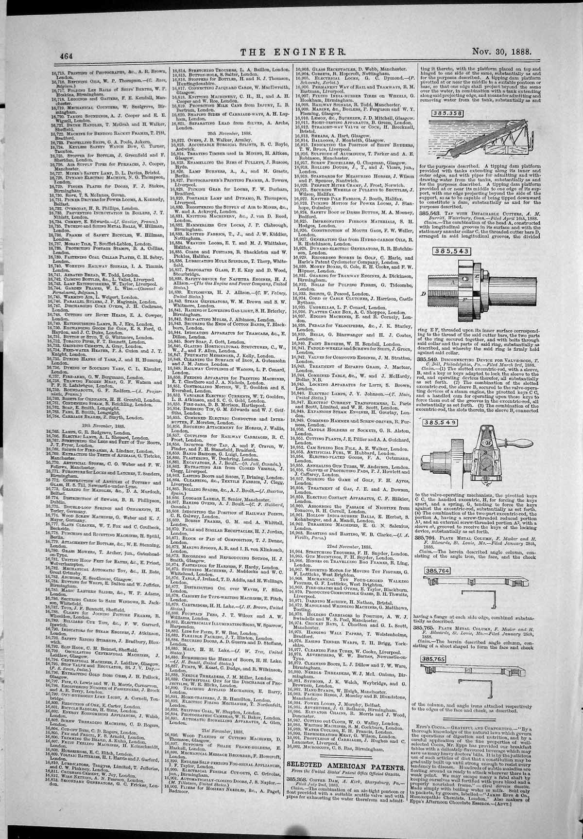Antique Old Print *6030 1888 Selected American Patents Machinery Instruments