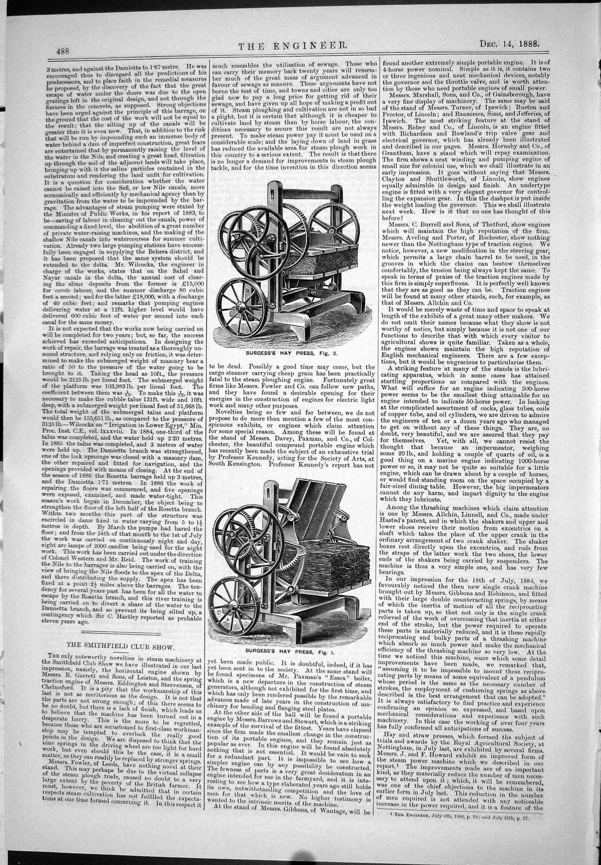 Old 1888 Engineering Smithfield Club Show Burgess'S Hay Press Machine Victorian