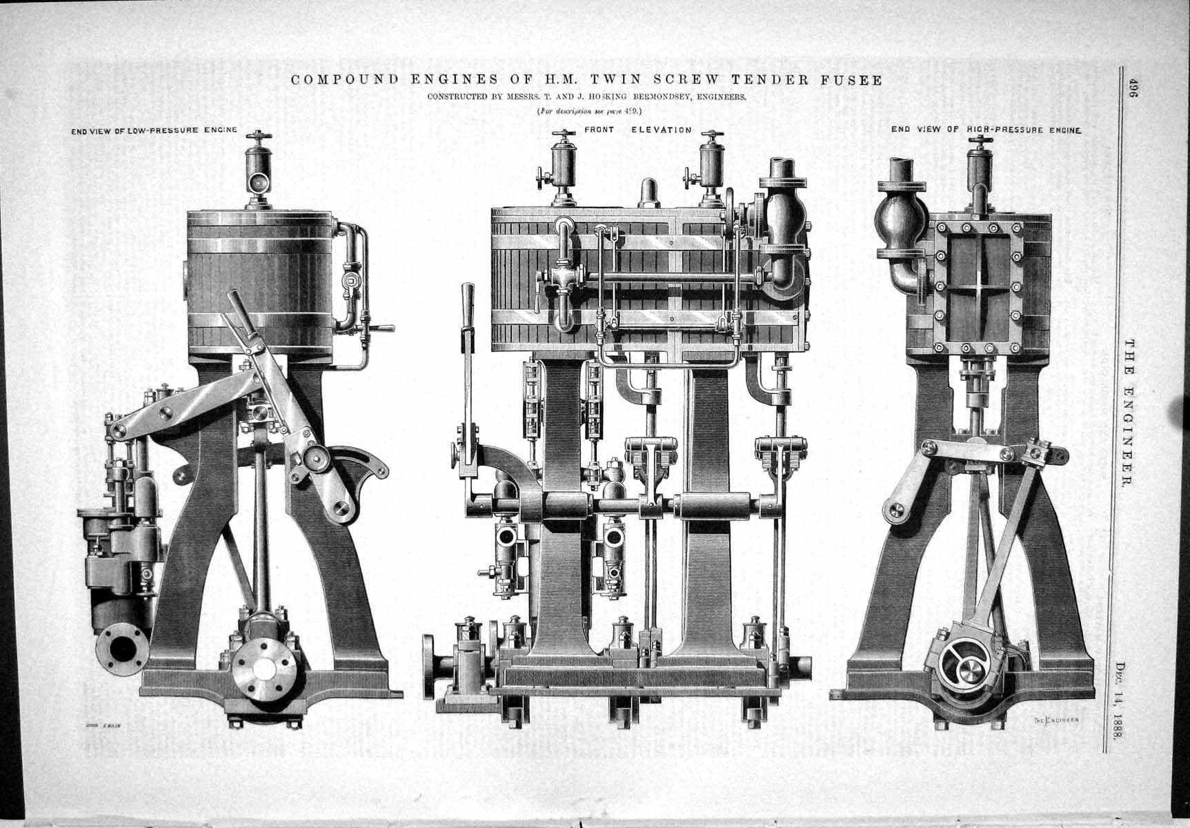 Old Print 1888 Compound Engine Twin Screw Tender Fusee Hosking Machinery 19th