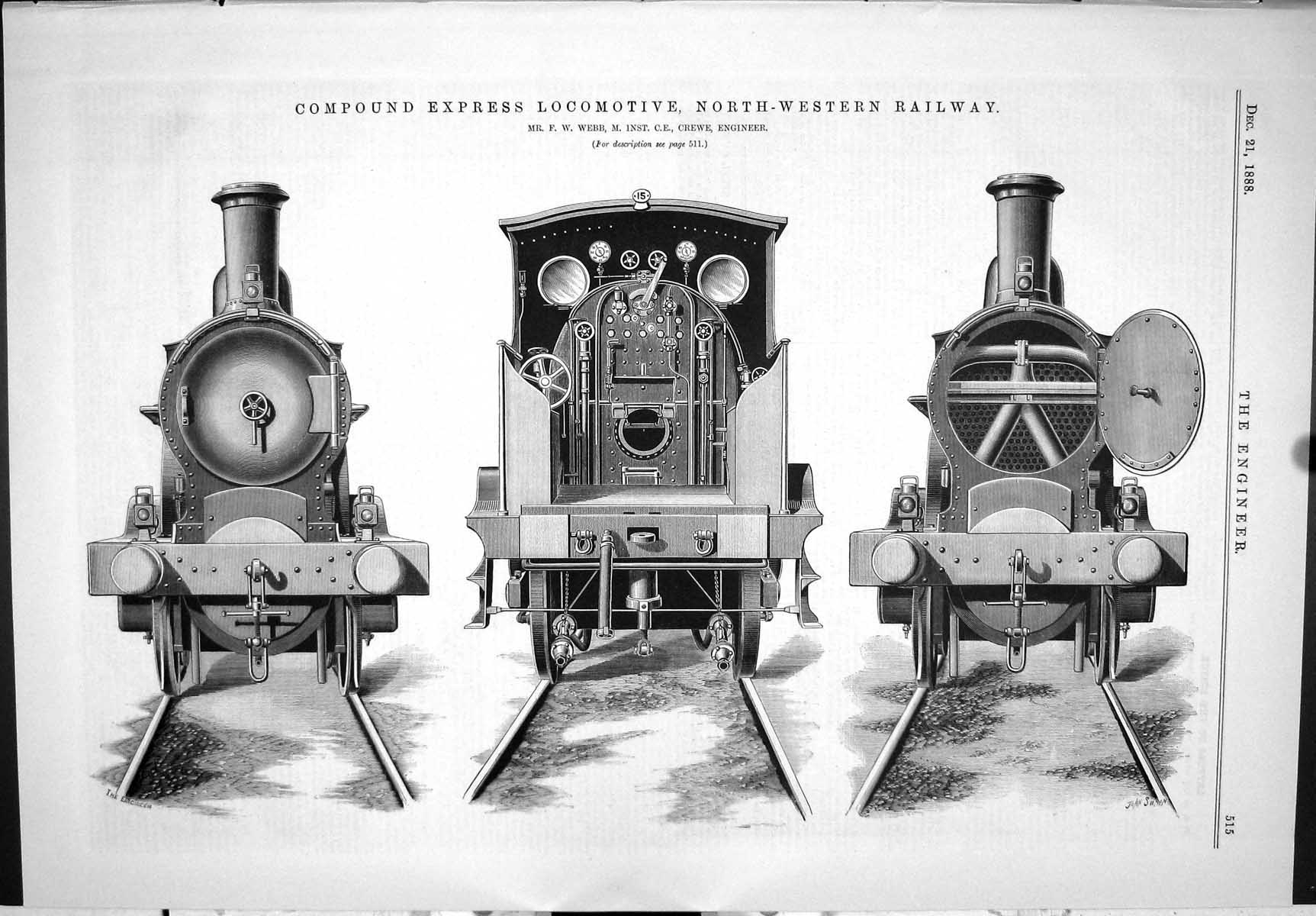 Antique Print 1888 Compound Express Locomotive Train North-Western Railway 19th