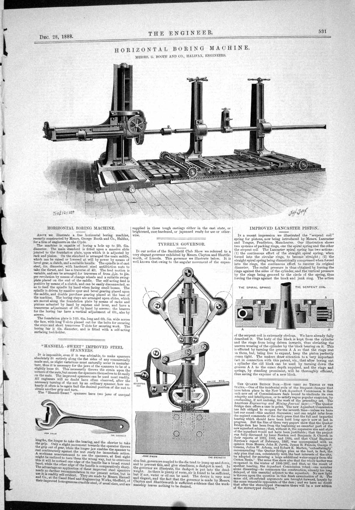 Old Print 1888 Horizontal Boring Machine Booth Tyrrel'S Governor Spanners 19th