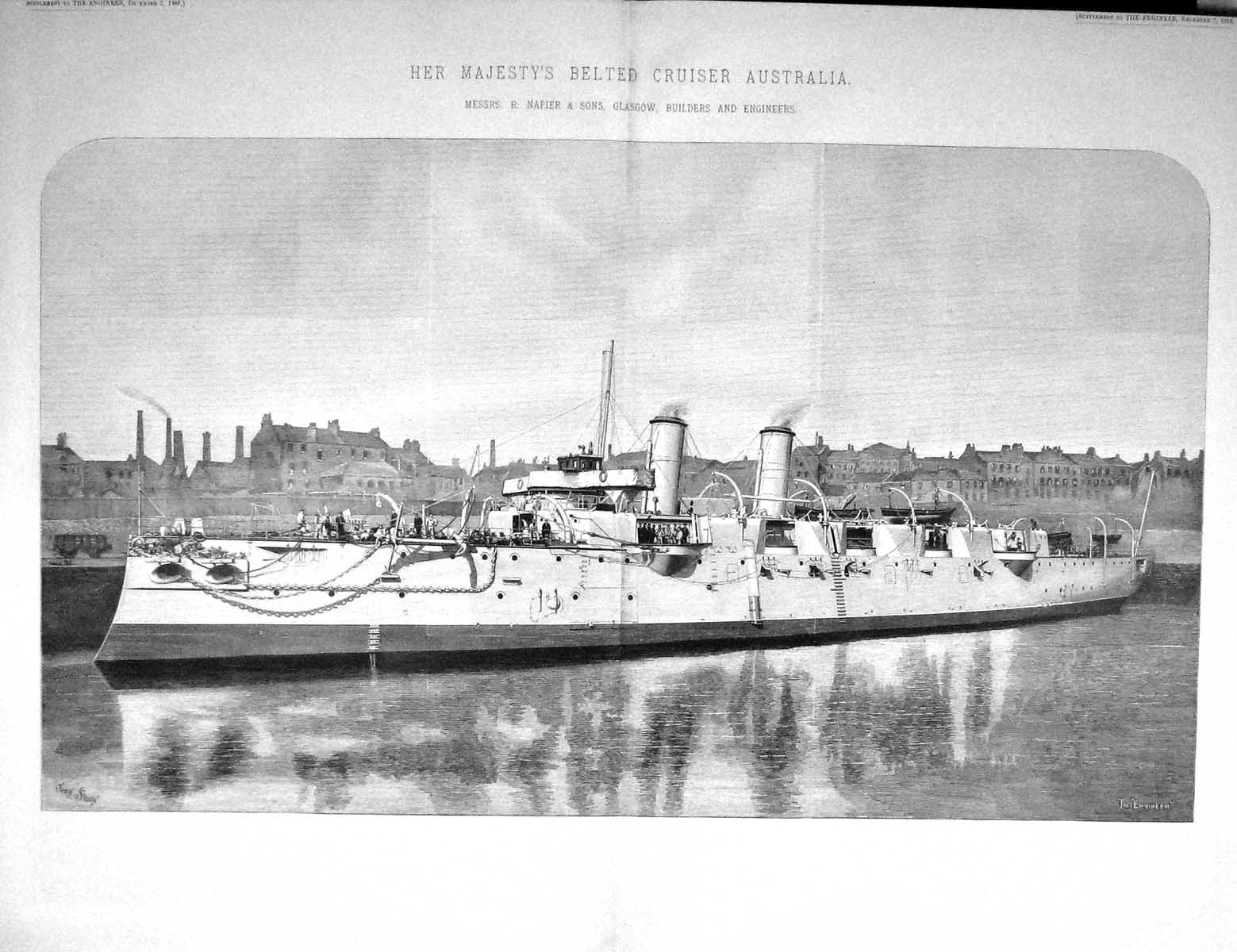 Antique Old Print 1888 Queen England Belted Cruiser Australia Napier Glasgow