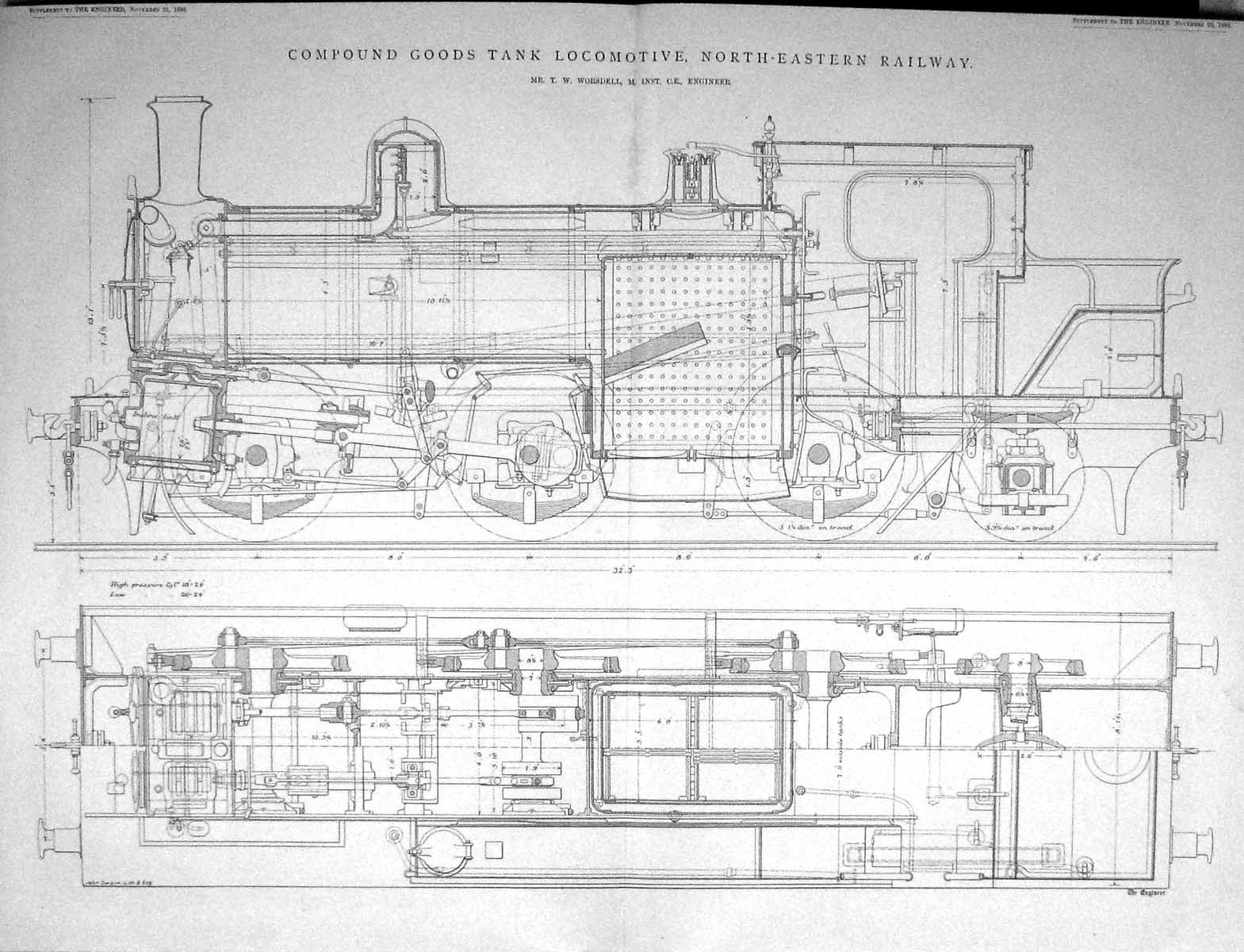 Old Print 1888 Compound Goods Tank Train North-Eastern Railway Worsdell 19th