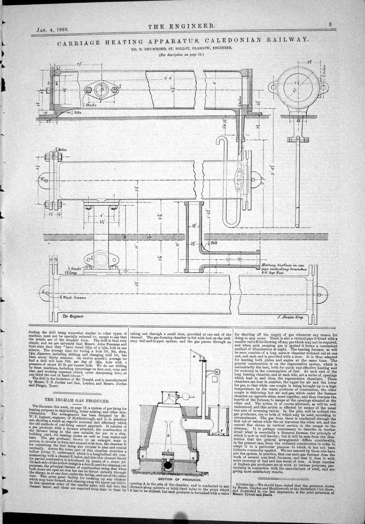 Antique Old Print 1889 Carriage Heating Apparatus Caledonian Railway Drummond