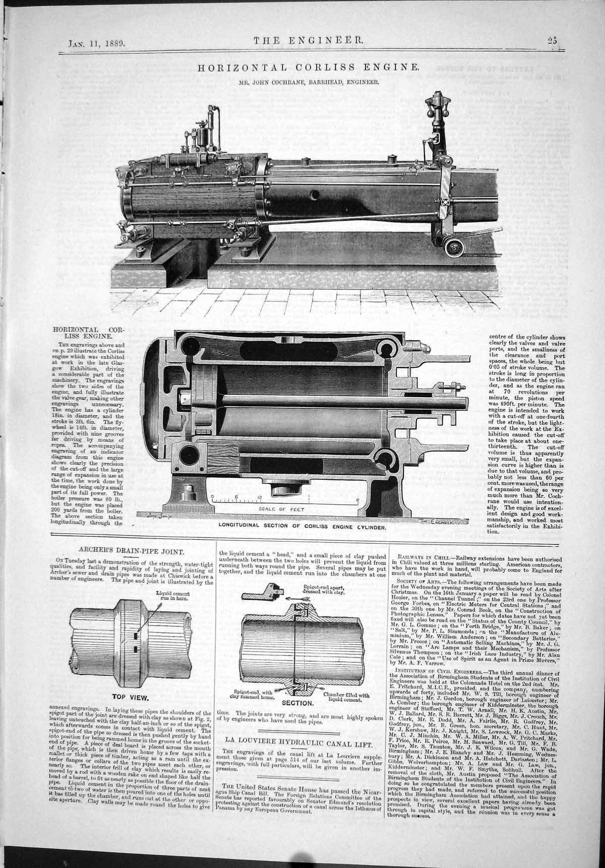 Old Print Horizontal Corliss Engine John Cochrane 1889 Archer Drain-Pipe 19th