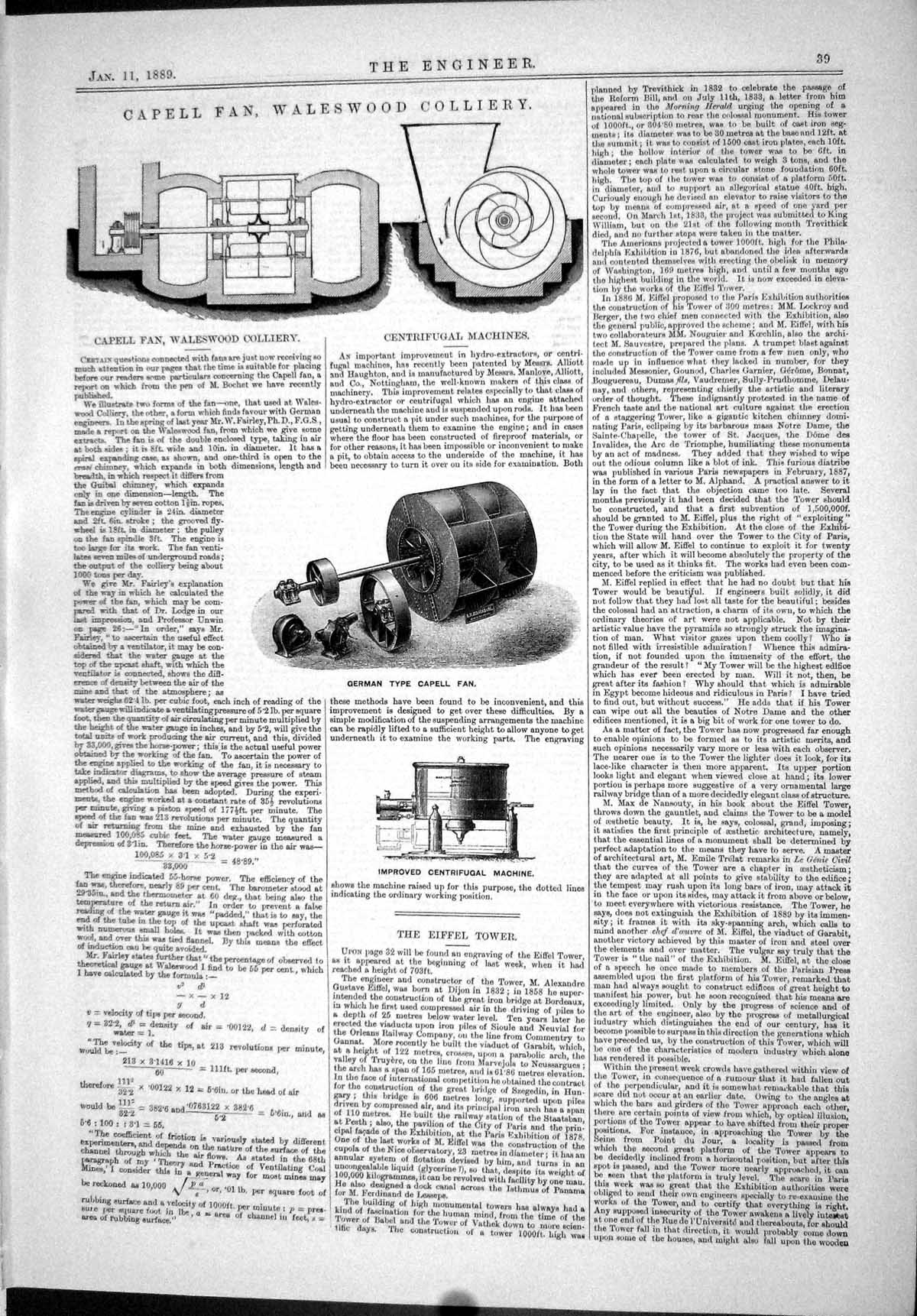 Old Print 1889 Capell Fan Waleswood Colliery Centrifugal Machines German 19th