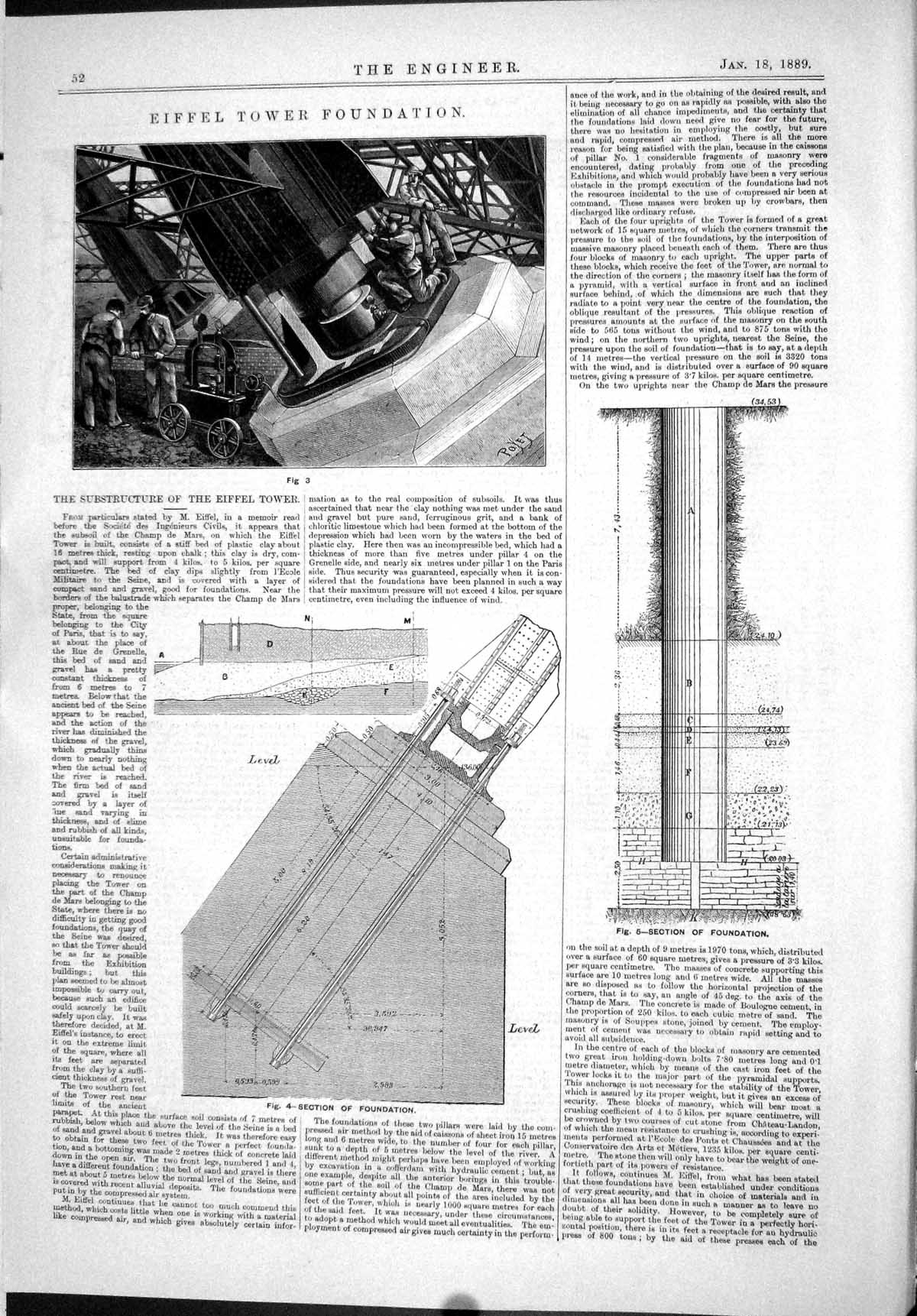 Antique Old Print 1889 Eiffel Tower Foundation Construction Alexandre Gustave