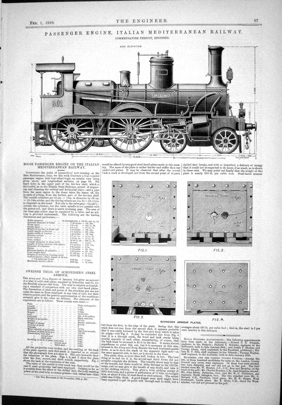 Antique Old Print 1889 Passenger Engine Italian Mediterranean Railway Frescot