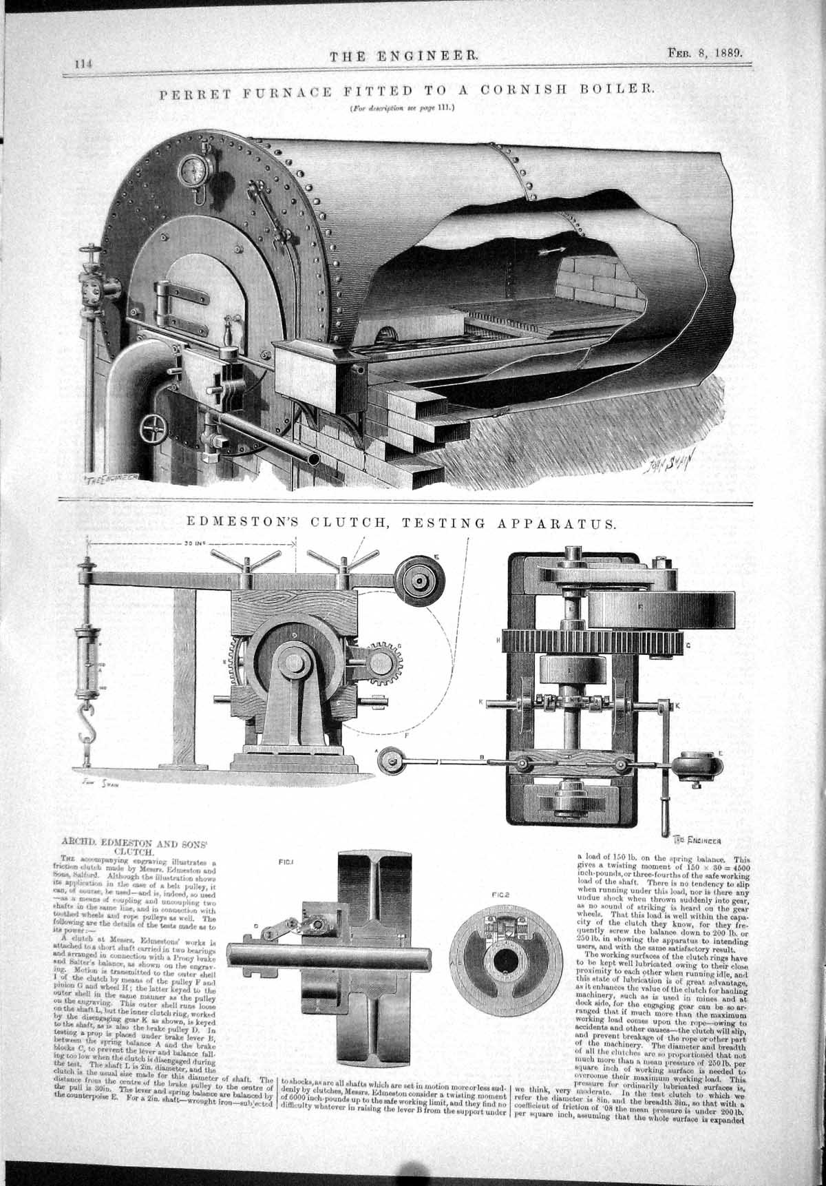 Antique Print 1889 Perret Furnace Cornish Boiler Edmeston Clutch Apparatus 19th
