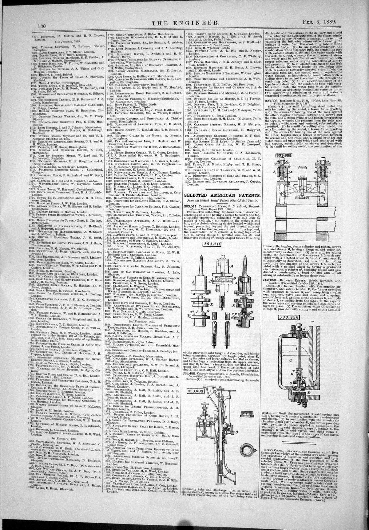Antique Old Print American Patents 1889 Head Leland Schutte Edwin Wright Mill