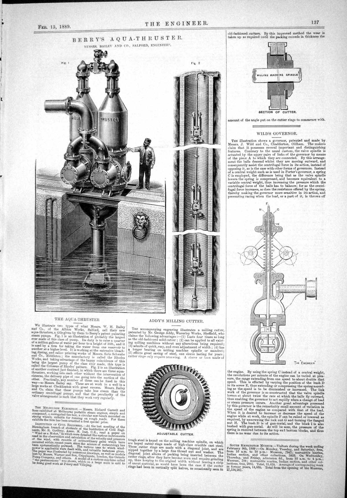 Antique Old Print 1889 Berry'S Aqua-Thruster Bailey Addy Milling Cutter Wild