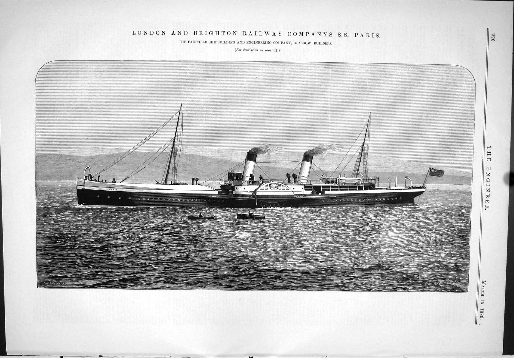 Old Print 1889 London Brighton Railway Company Ship S.S. Paris Fairfield 19th