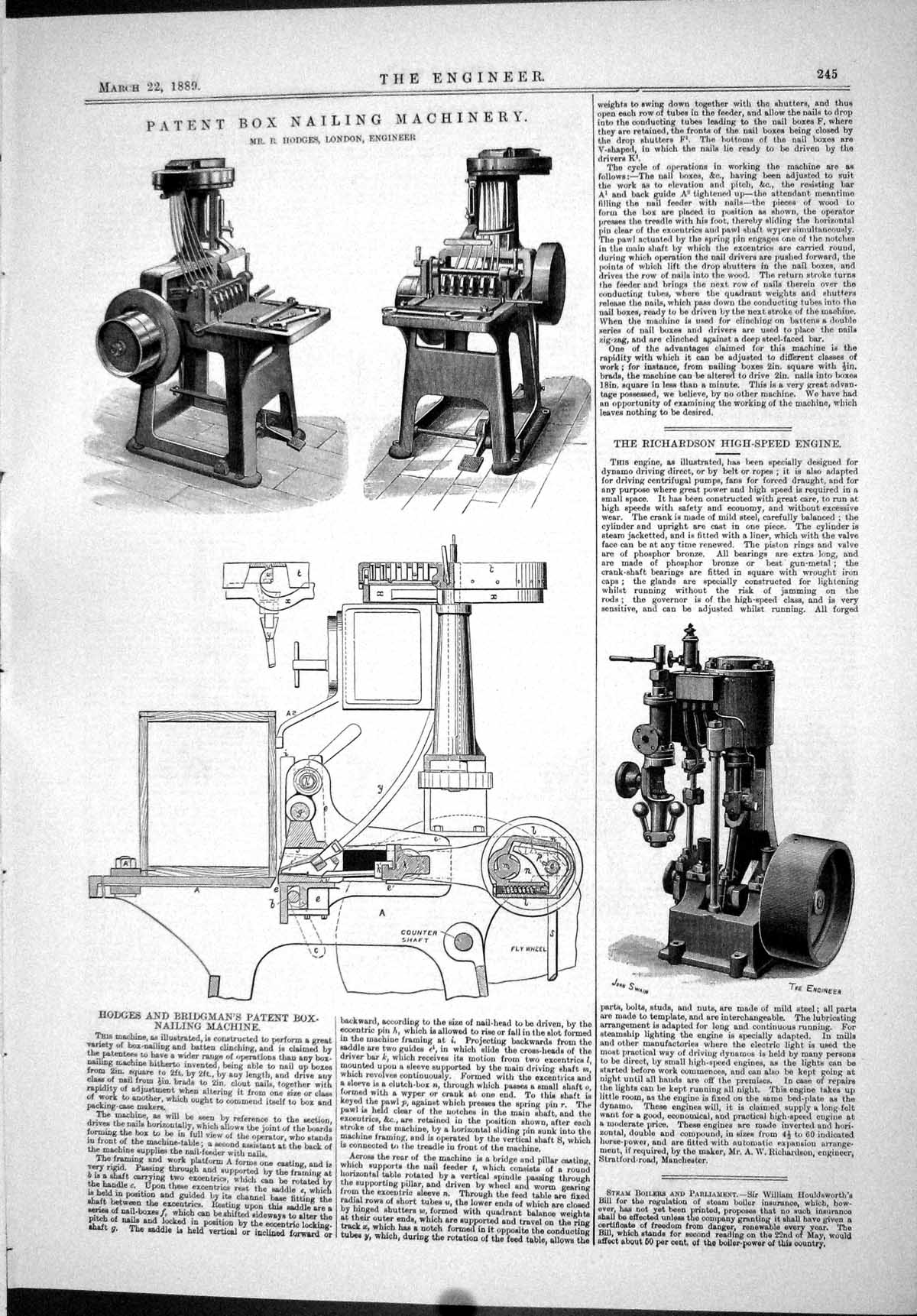 Antique Old Print 1889 Patent Box Nailing Machinery Hodges Richardson Engine