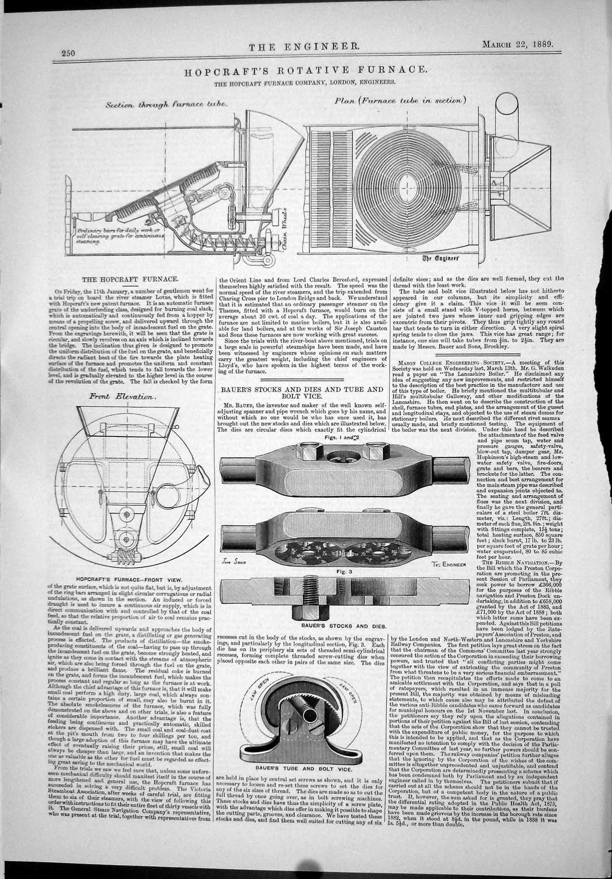 Old Print 1889 Hopcraft Rotative Furnace Bauer Stocks Tube Bolt Vice Dies 19th