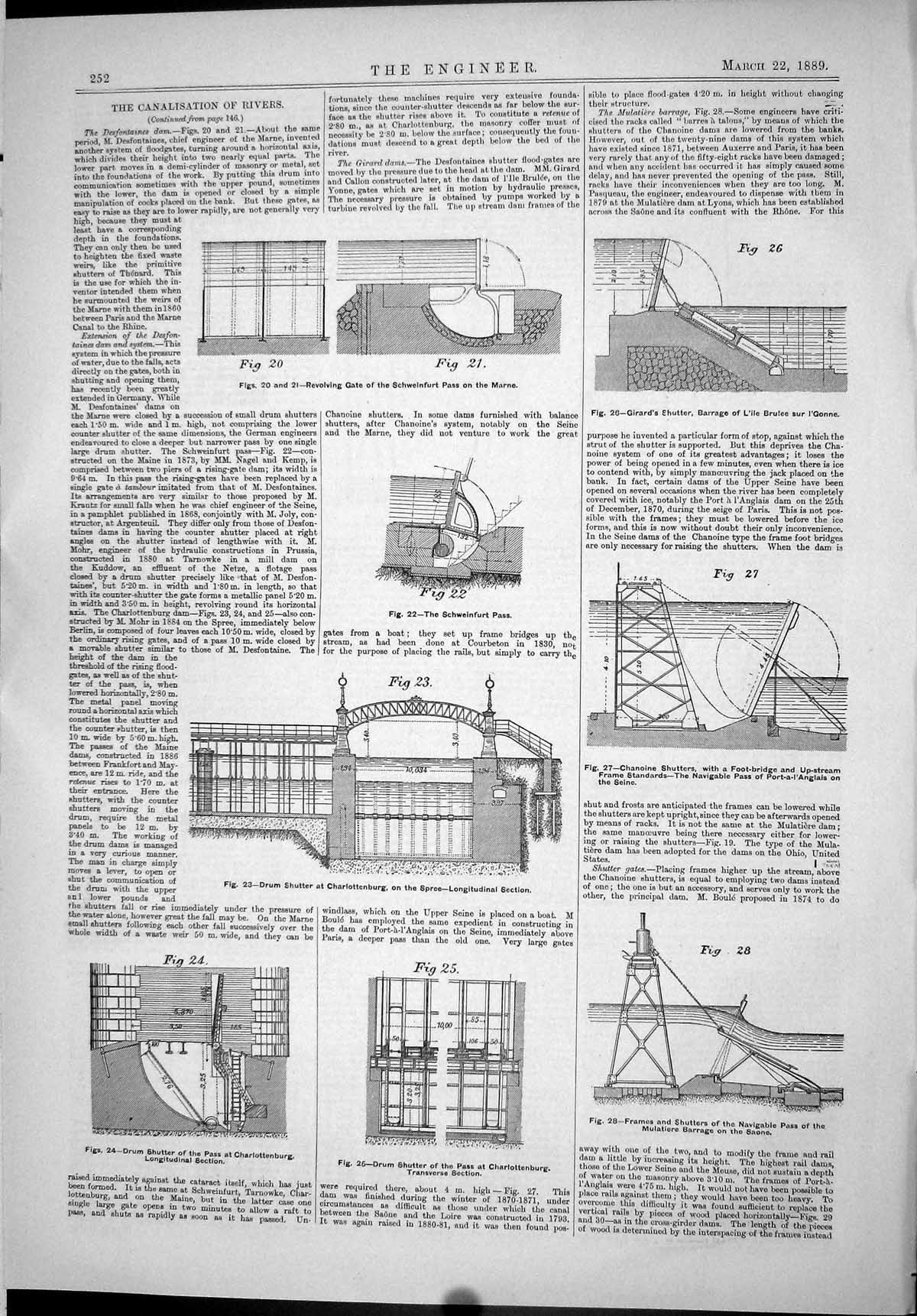 Old Print 1889 Canalisation Rivers Revolving Gate Chanoine Shutters Saone 19th