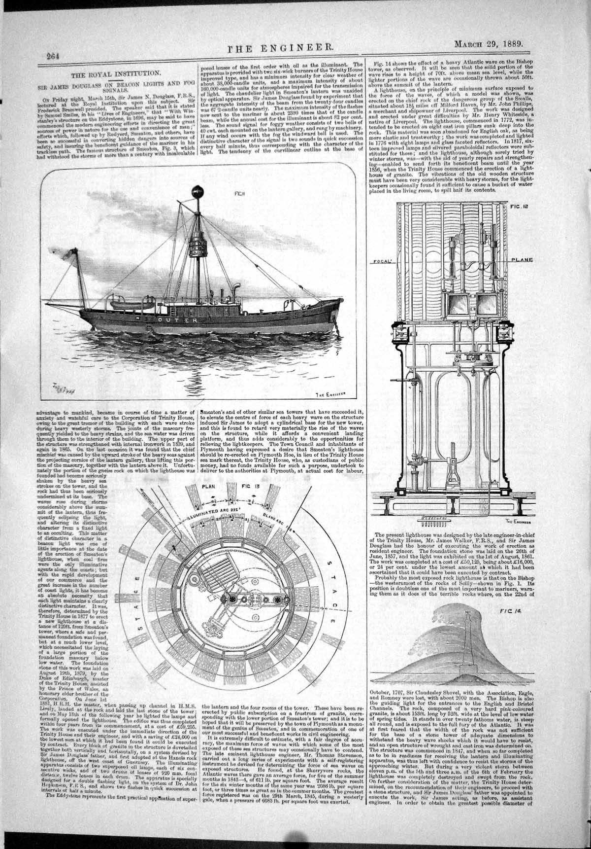 Old Print 1889 Engineering James Douglas Beacon Lights Fog Signals Ships 19th