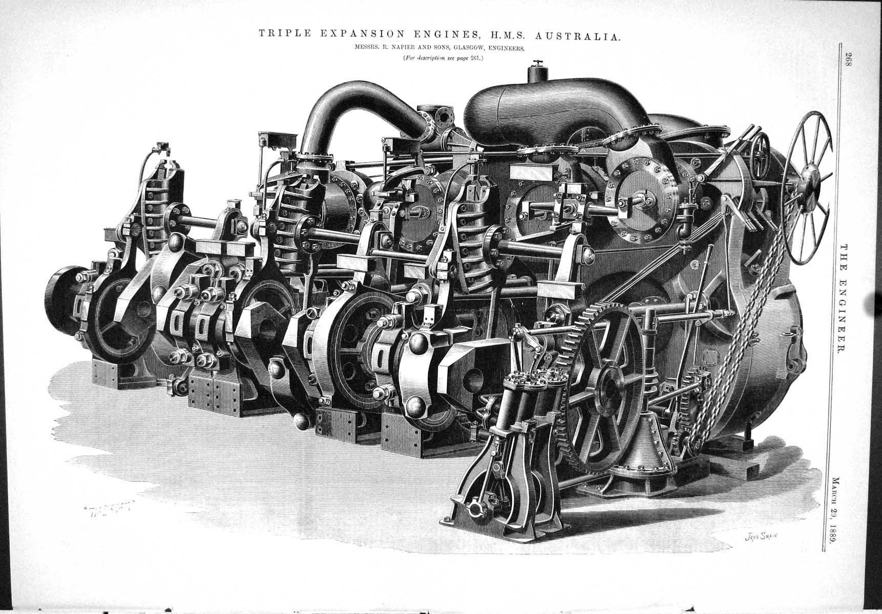 Antique Old Print 1889 Triple Expansion Engines Ship H.M.S. Australia Napier