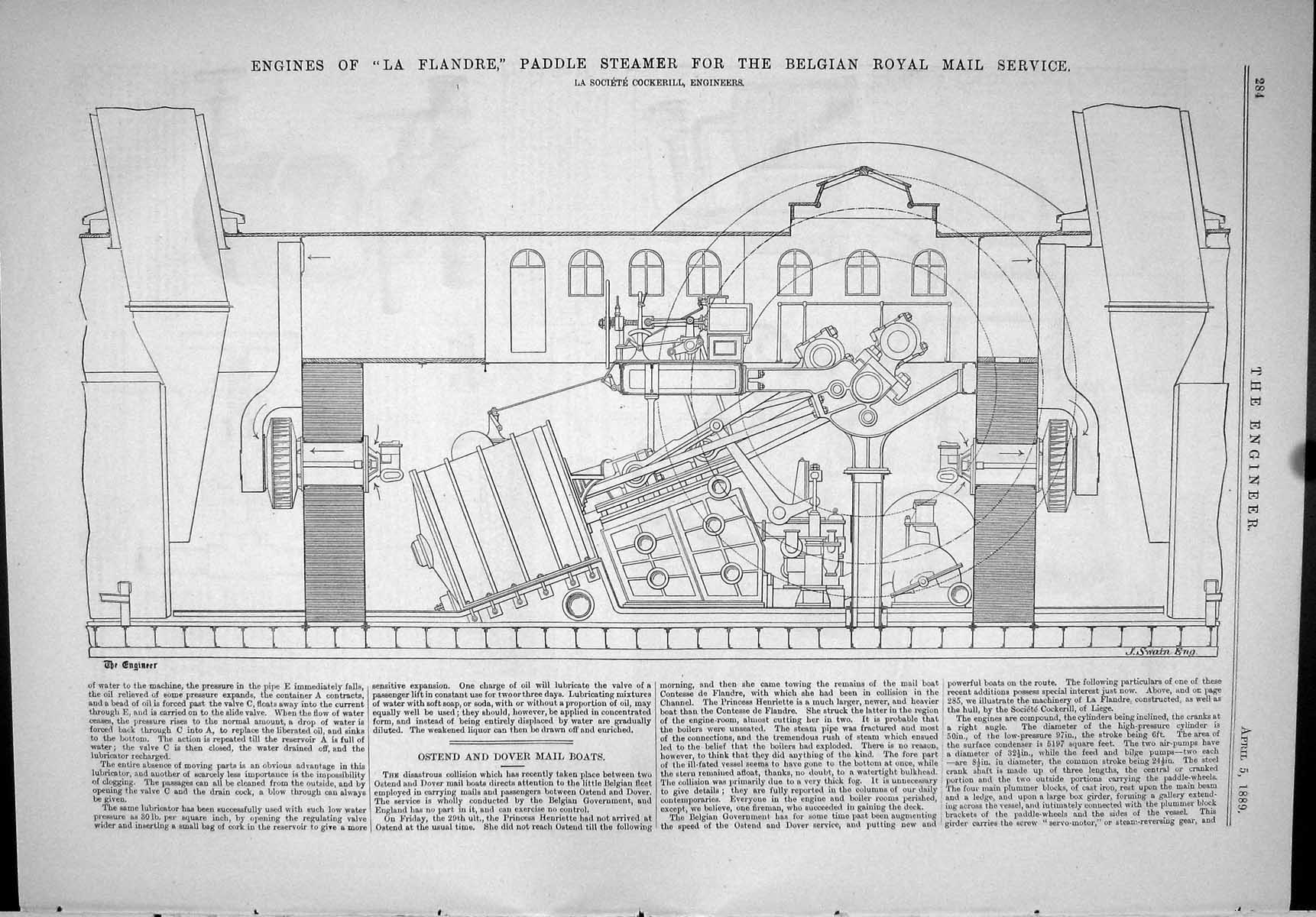 Old Print 1889 Engines Ship Flandre Cockerill Royal Mail Service Steamer 19th