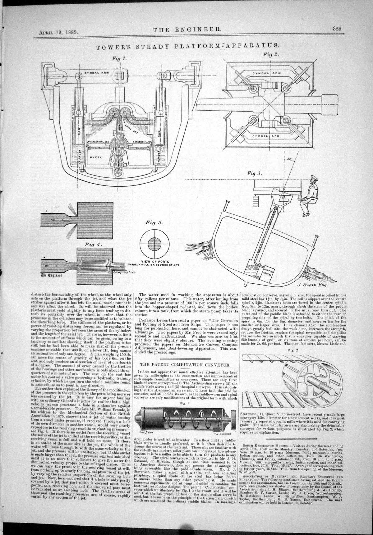 Old Print 1889 Tower Steady Platform Conveyor Engine Ship Calliope Rennie 19th
