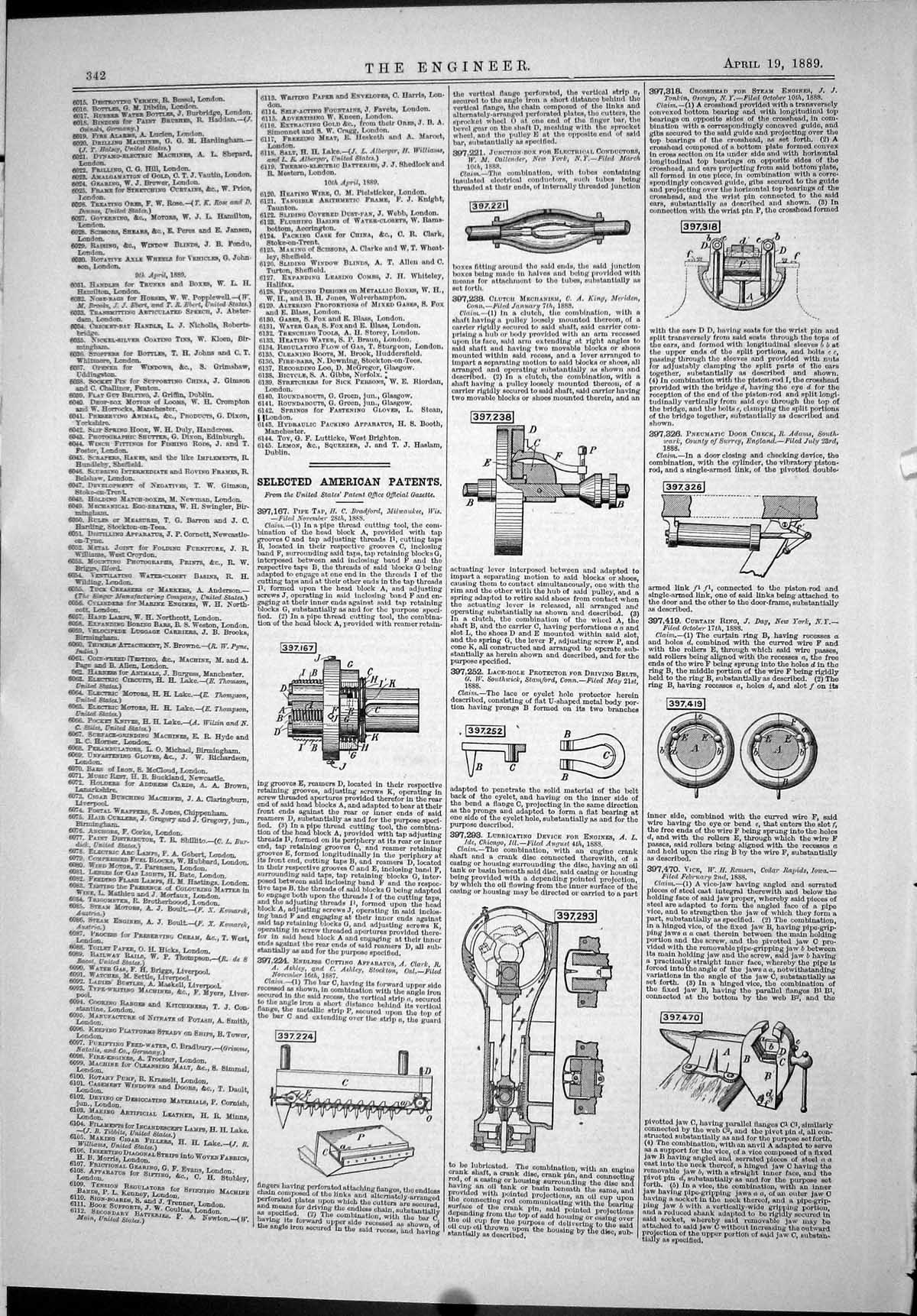 Old American Patents 1889 Pipe Tap Bradford Clark Southwick Callender Victorian