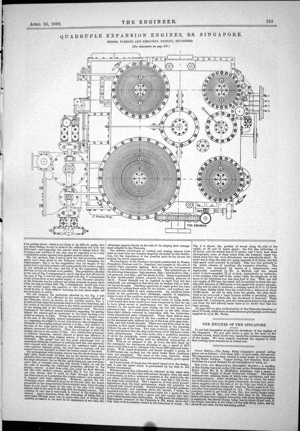 Antique Print 1889 Quadruple Expansion Engines Singapore Fleming Machinery 19th