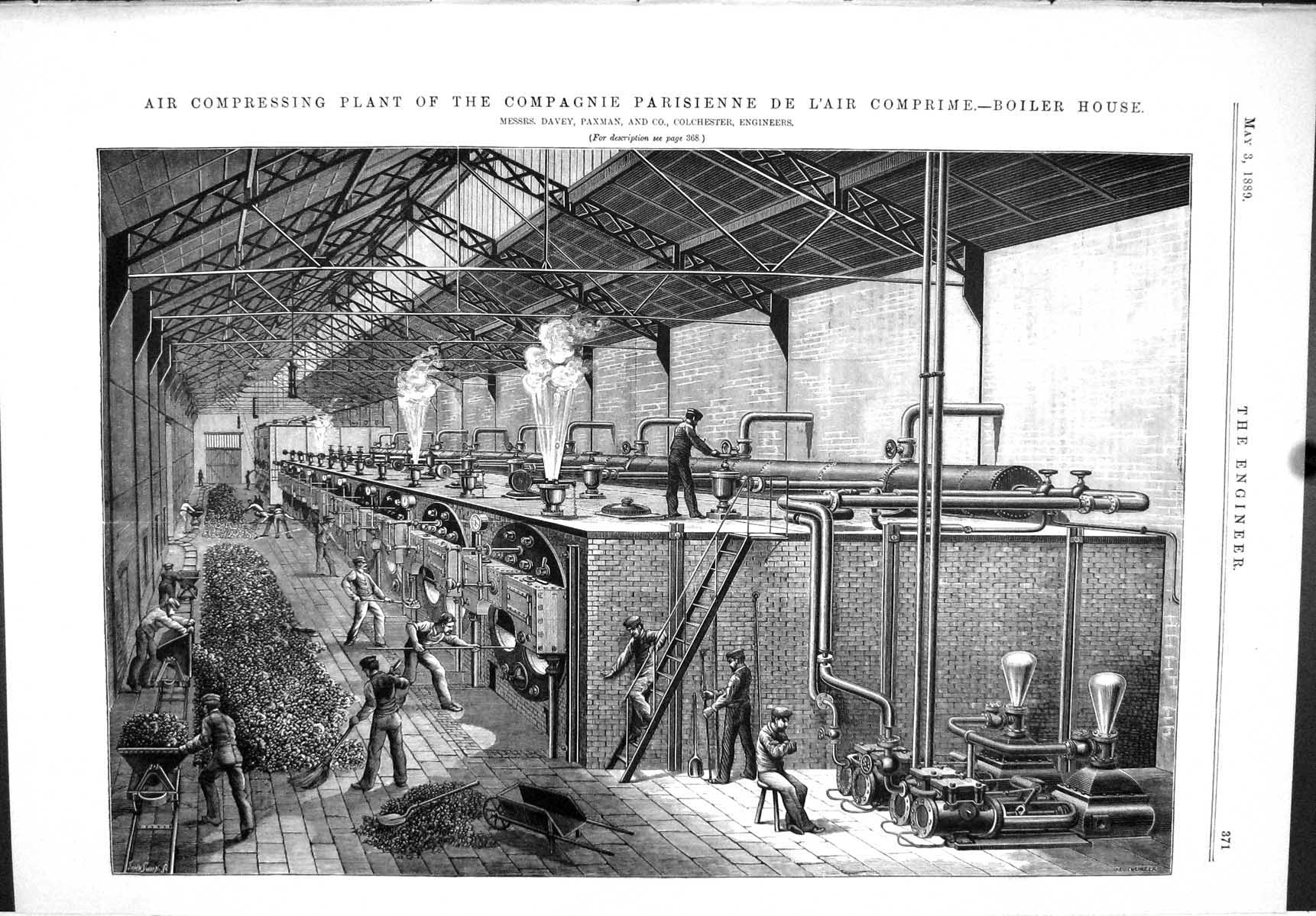Old Print 1889 Air Compressing Plant Parisienne Boiler House Paxman Davey 19th