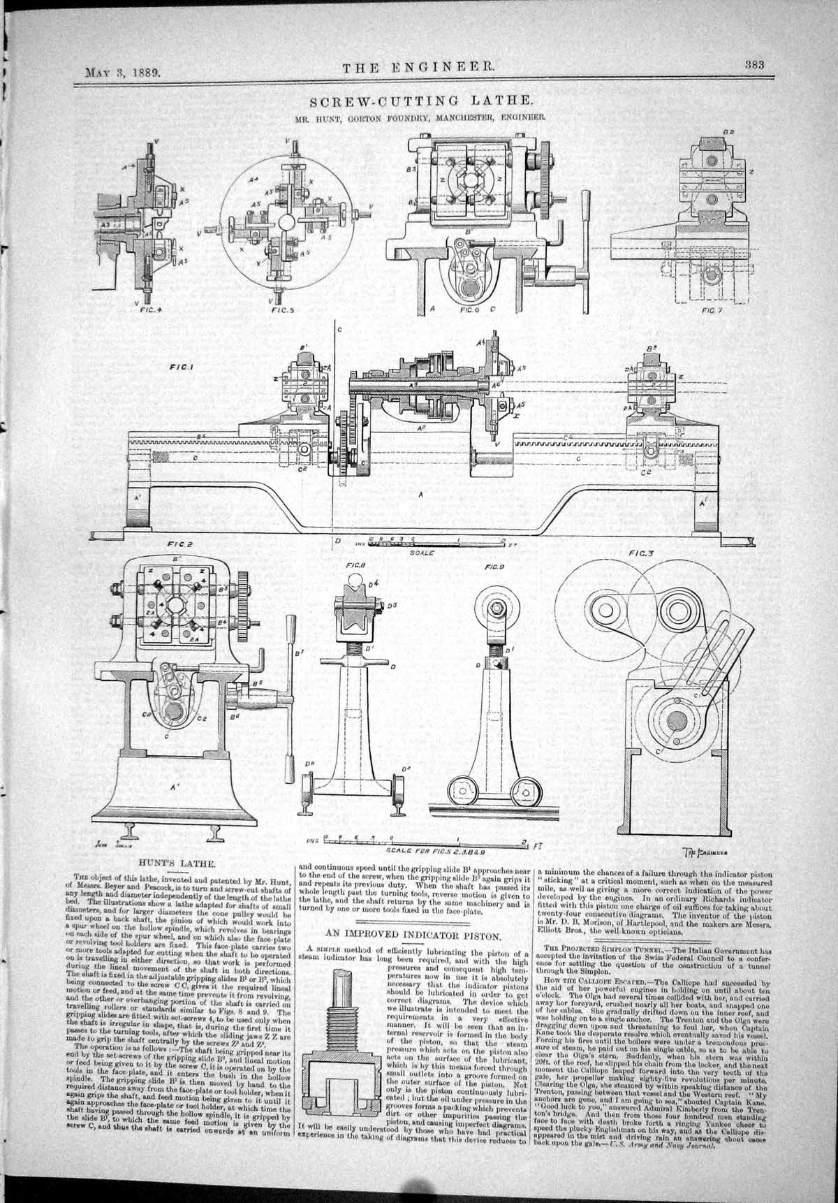Old Print 1889 Screw-Cutting Lathe Hunt Gorton Indicator Piston Machinery 19th