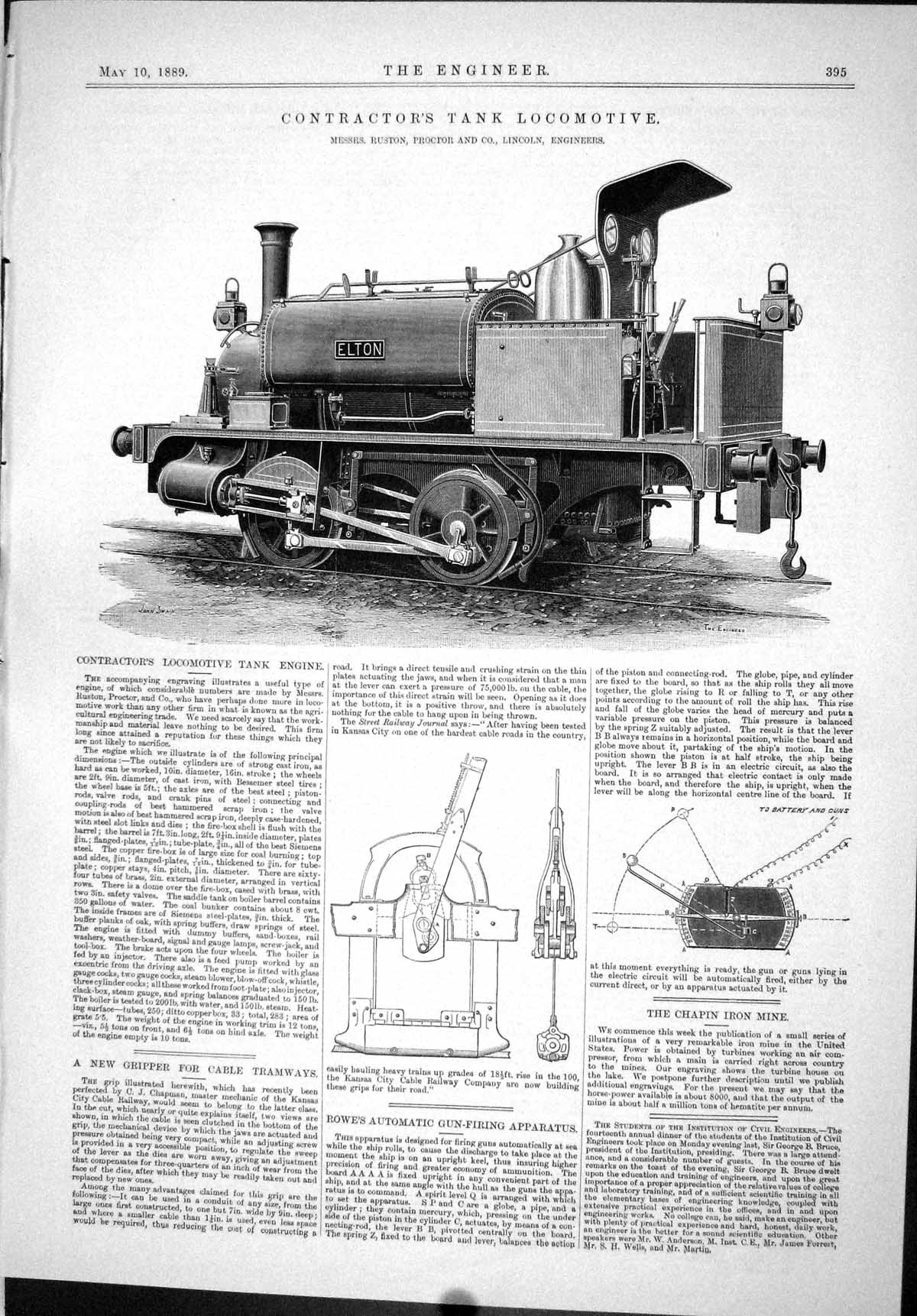 Old Print 1889 Contractor'S Tank Locomotive Train Ruston Gripper Tramways 19th