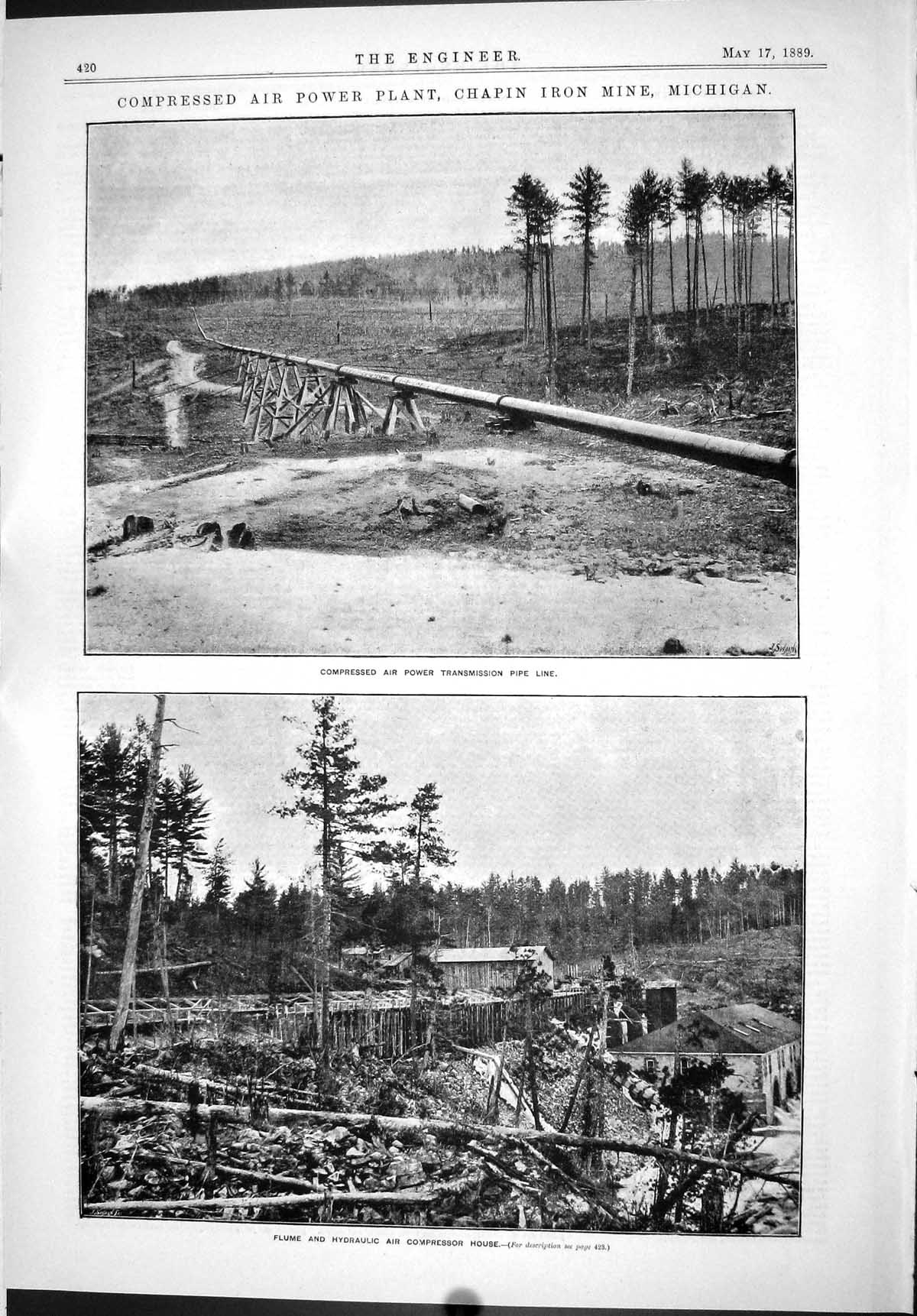 Old Print 1889 Compressed Air Power Plant Chapin Iron Mine Michigan Flume 19th