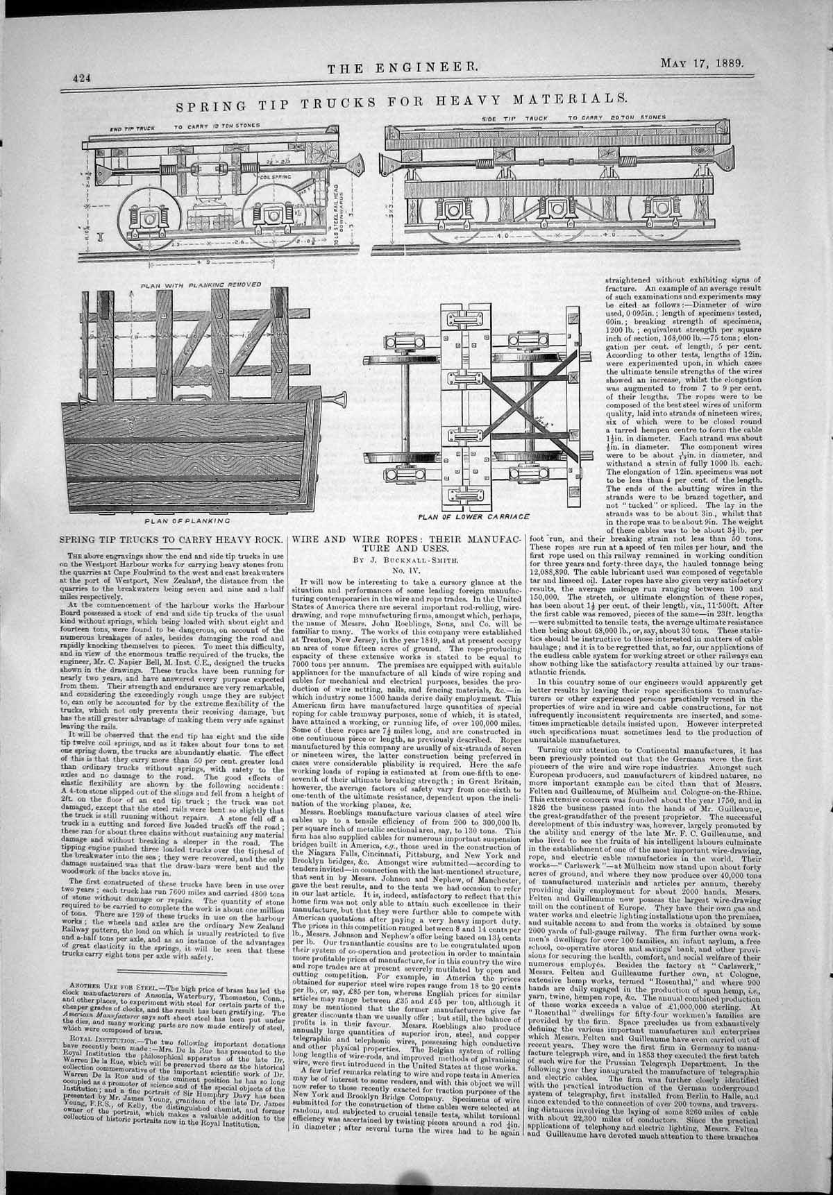 Old Print 1889 Spring Tip Trucks Heavy Materials Bucknall-Smith Machinery 19th