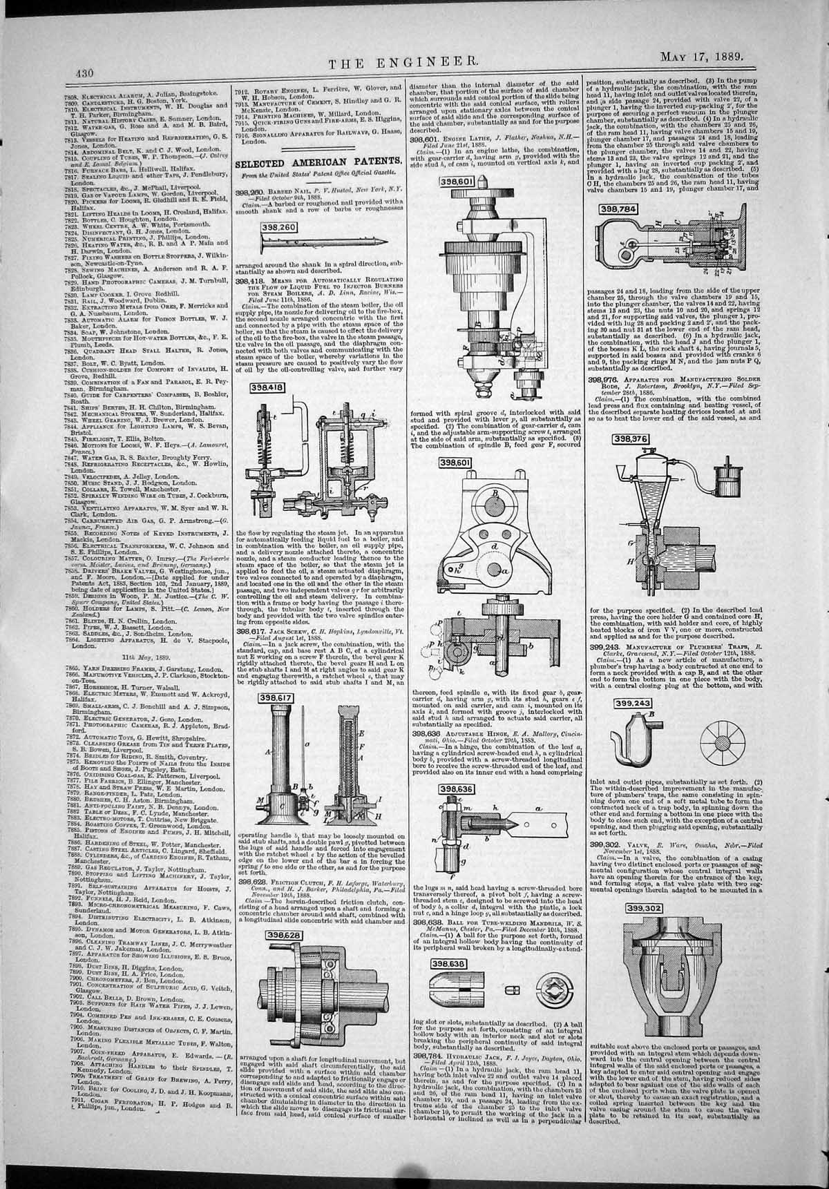Antique Old Print American Patents 1889 Husted Inn Hopkins Robertson Mcmanus