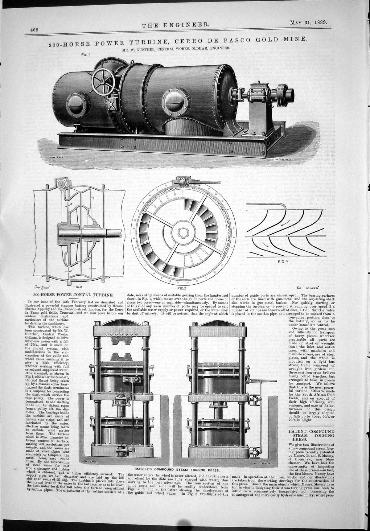 Antique Print 1889 300-Horse Turbine Cerro Pasco GMine Gunther Jonval Masse