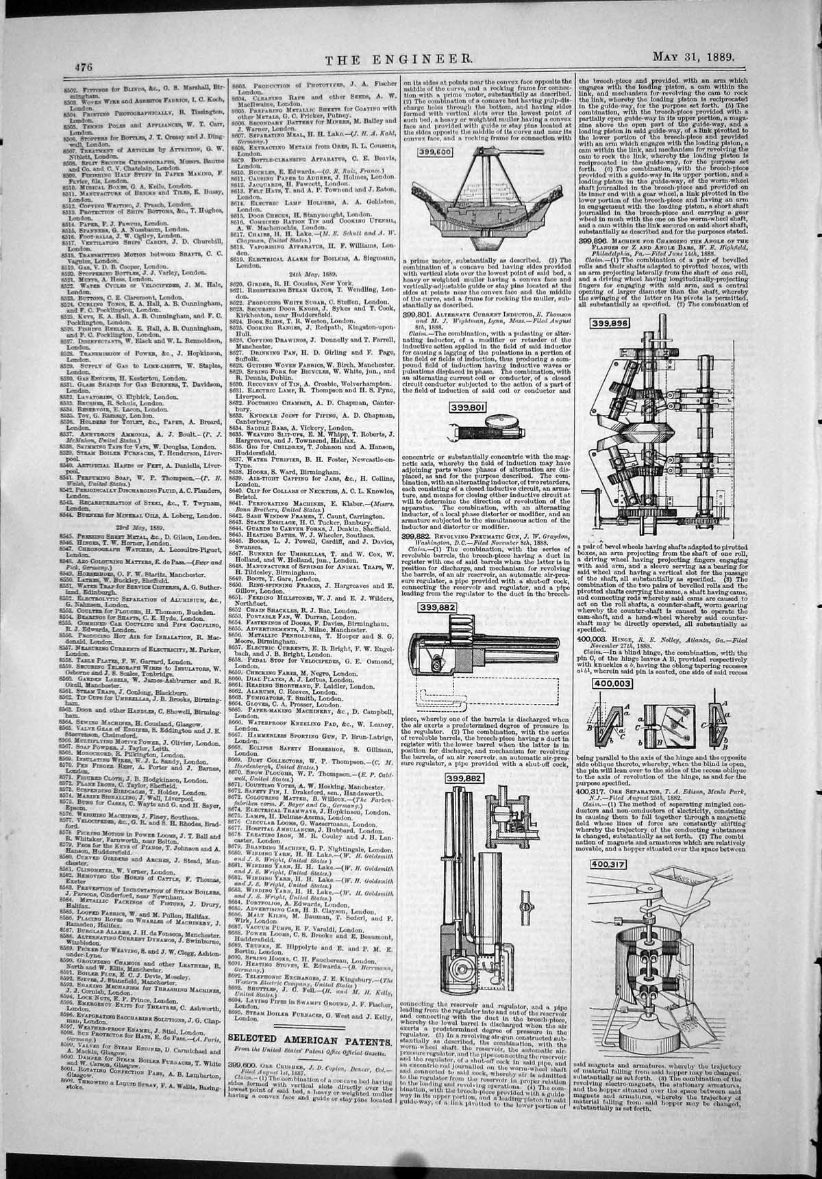 Old 1889 Engineering American Patents Gun Graydon Coplen Highfield No Victorian