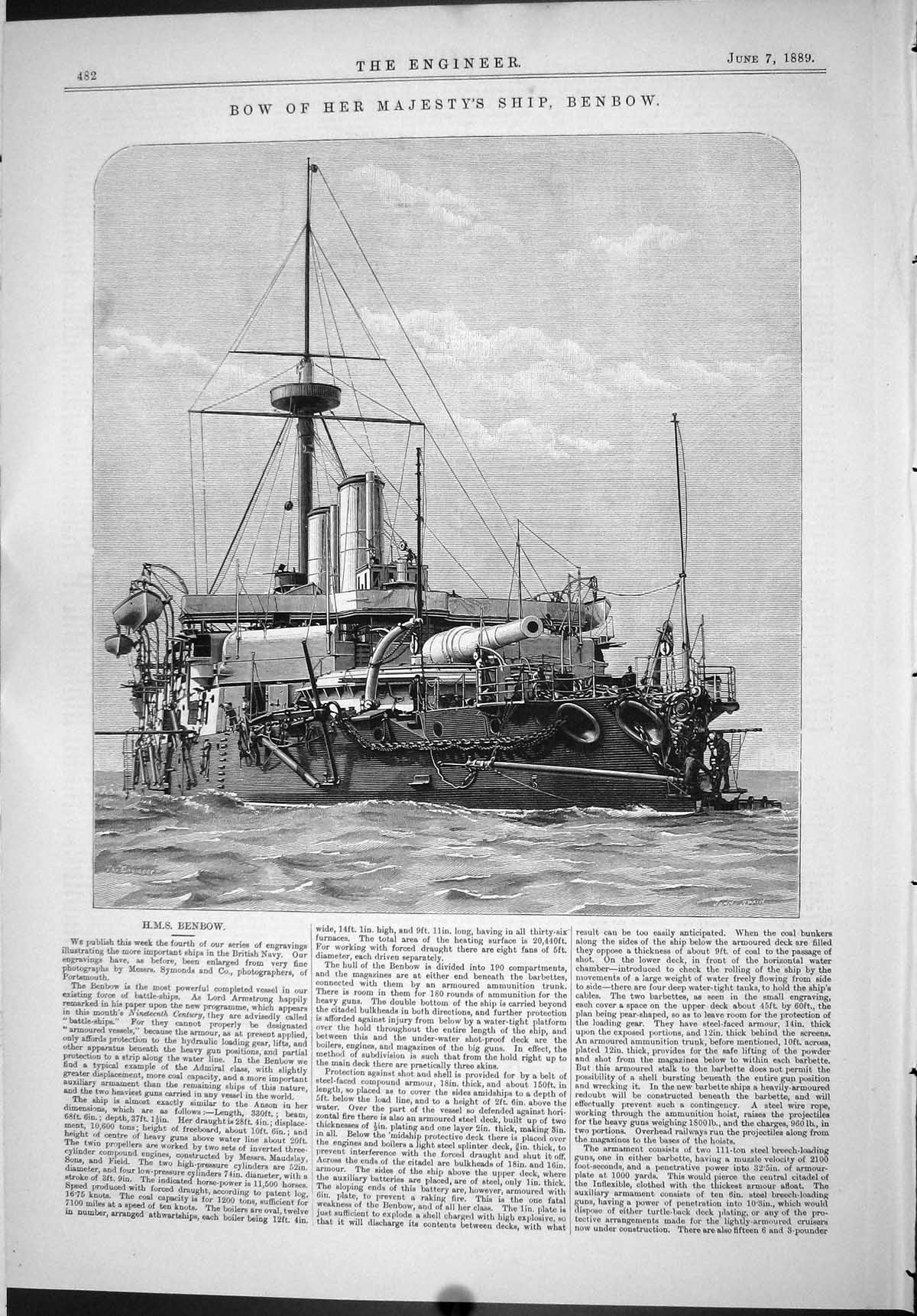 Antique Old Print 1889 Engineering Bow Her Majesty Ship Benbow British Navy