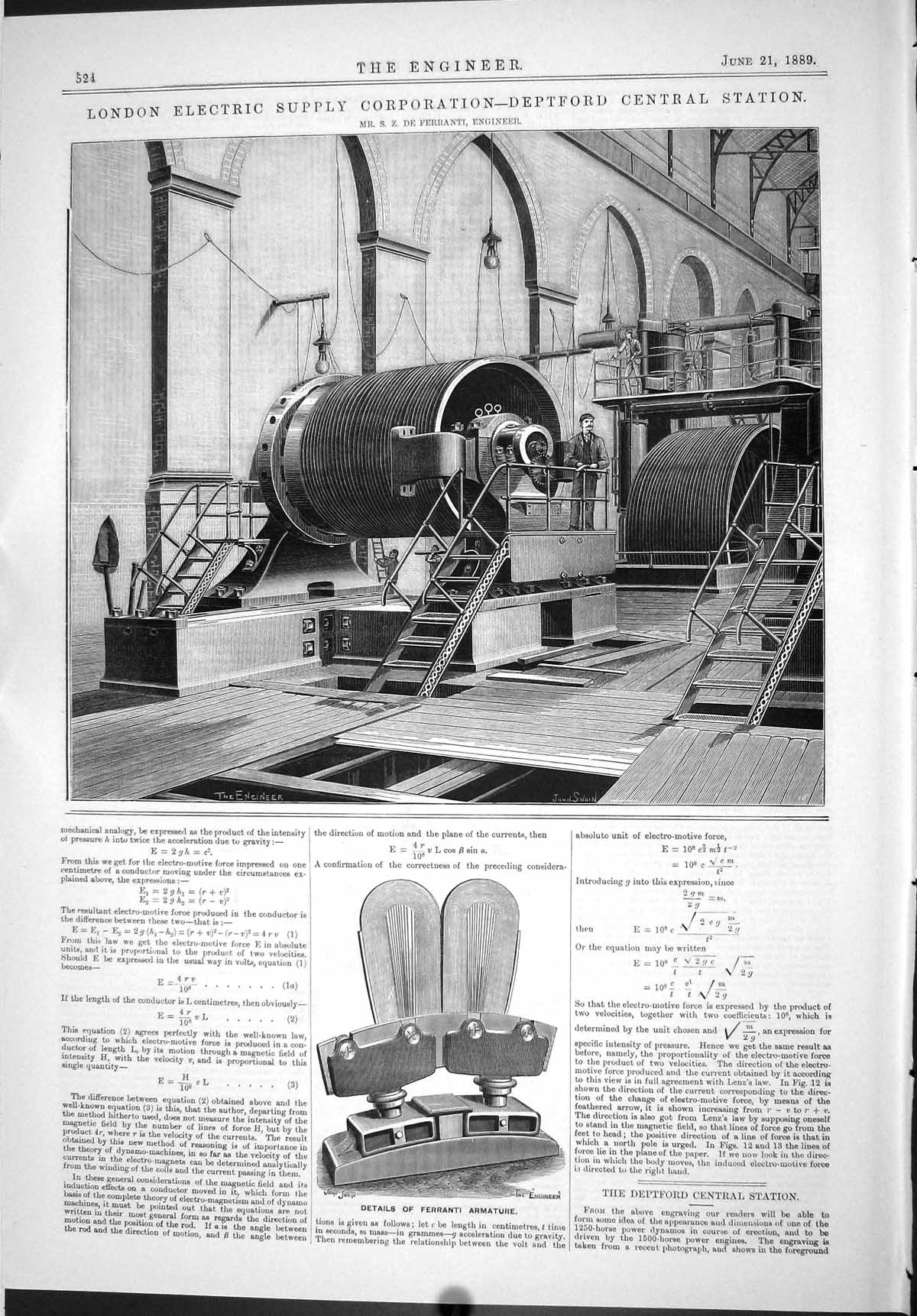 Old Print 1889 London Electric Supply Deptford Station Ferranti Armature 19th