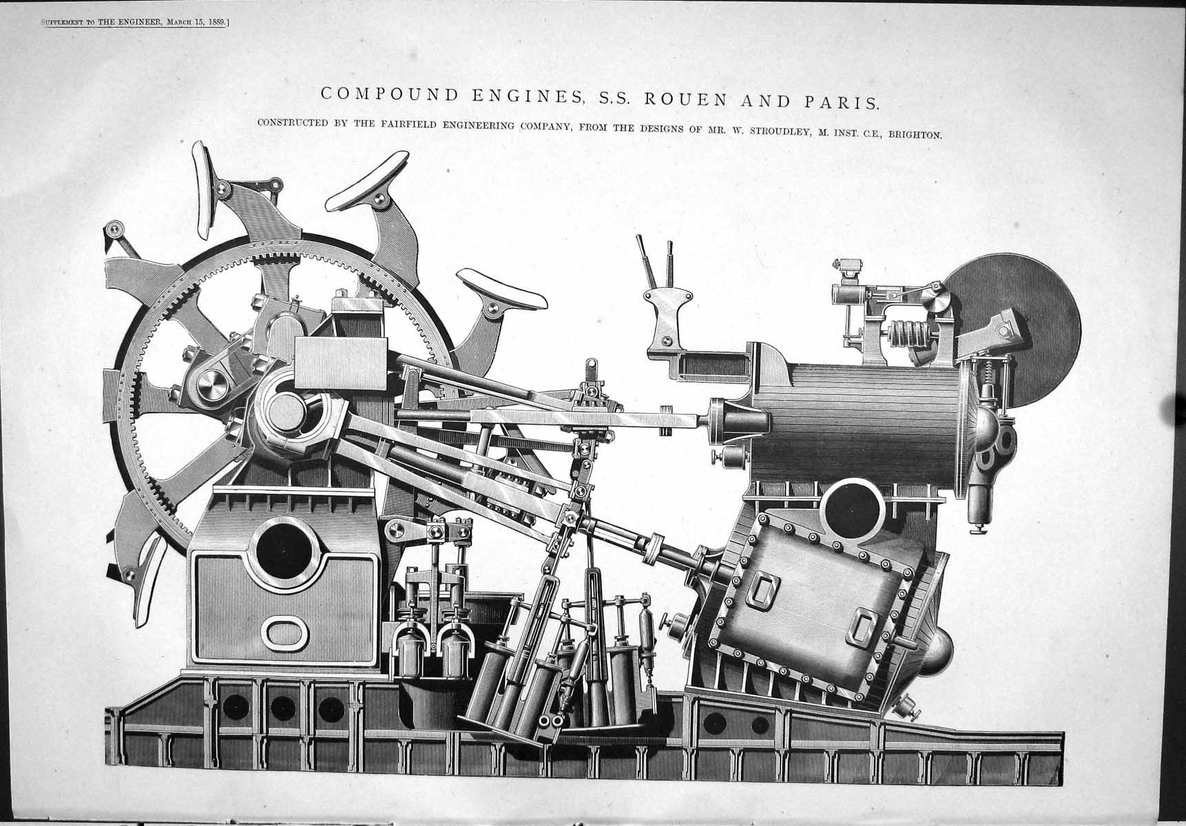 Antique Old Print 1889 Compound Engines Ship Rouen Paris Stroudley Fairfield
