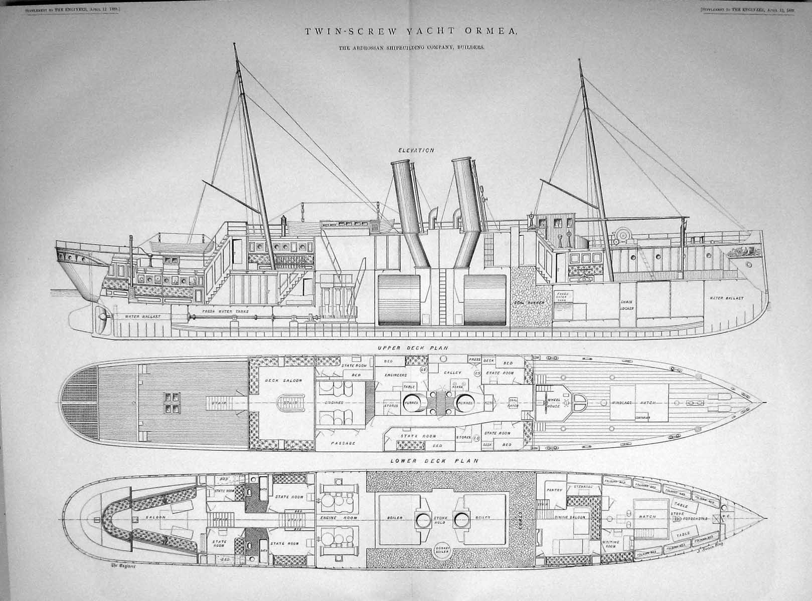 Old 1889 Engineering Twin-Screw Yacht Ship Ormea Ardrossan Shipbuildi 19th
