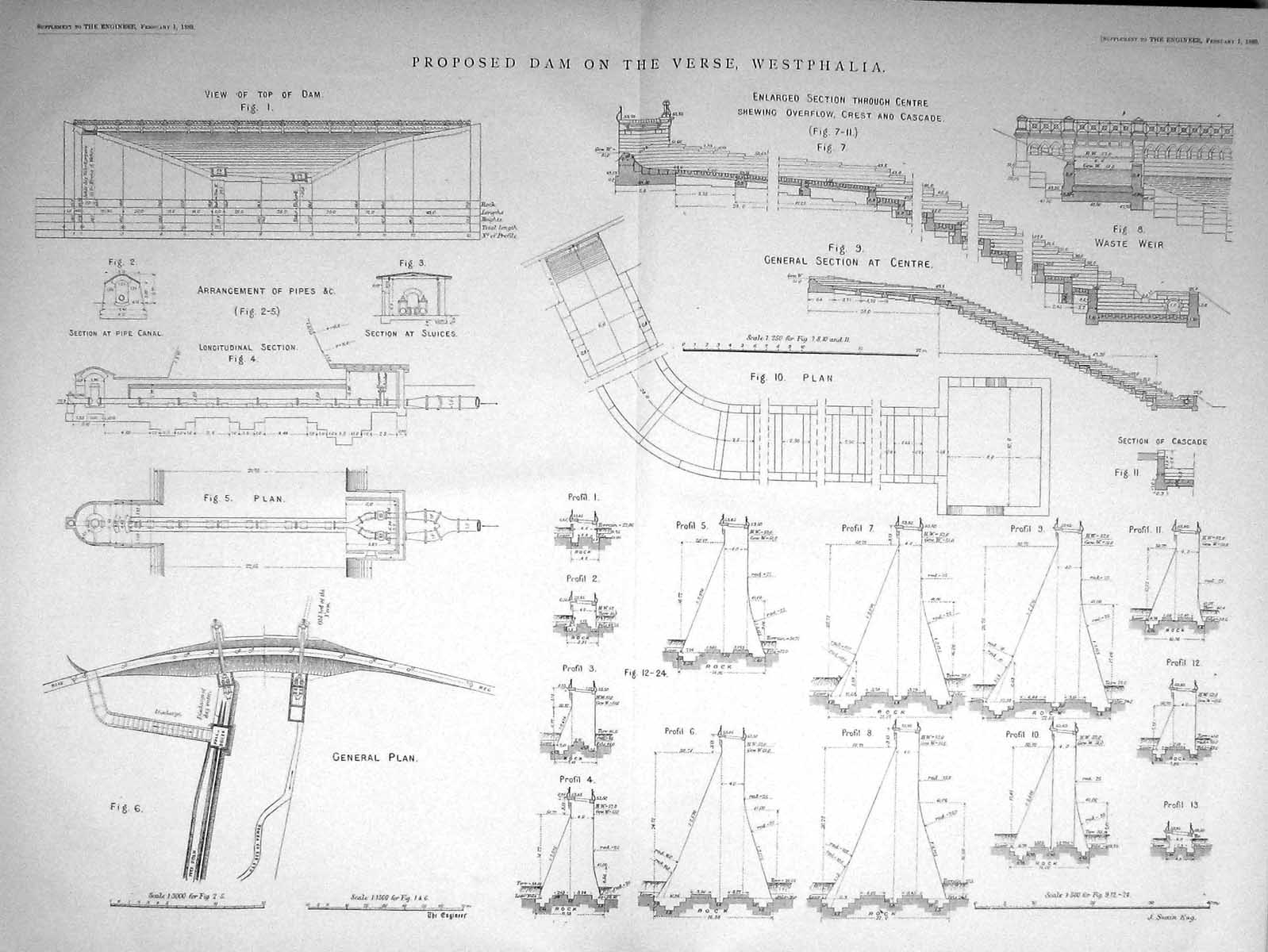 Old 1889 Engineering Diagrams Proposed Dame Verse Westphalia Plan Sec 19th