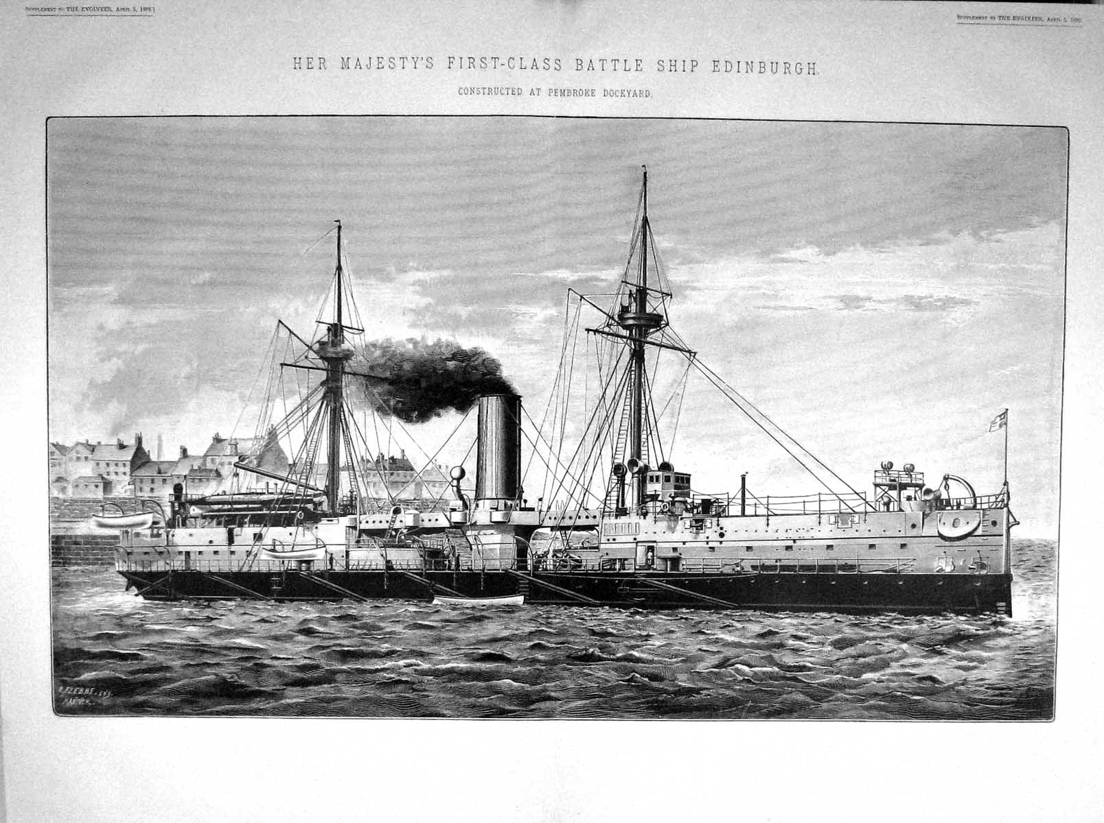 Old Print 1889 Queen First Class Battle Ship Edinburgh Pembroke Dockyard 19th