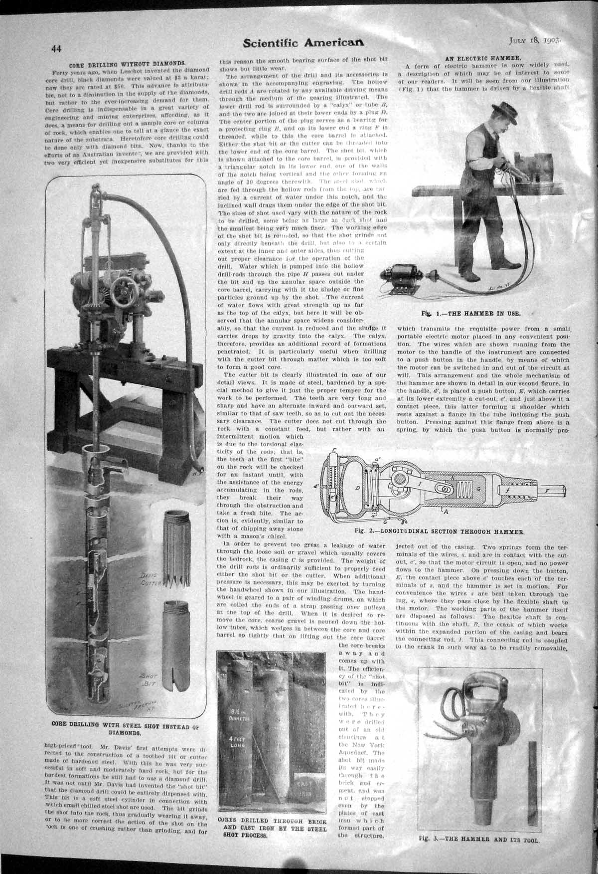 Old 1903 Scientific American Core Drilling Steel Shot Electric Hammer 20th