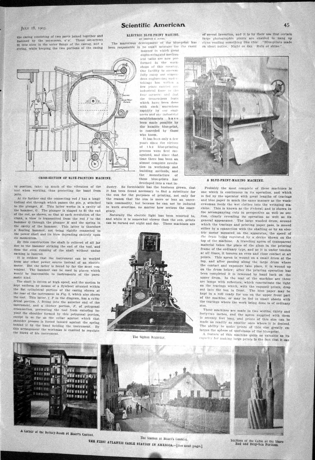 Old Atlantic Cable Station Siphon Recorder Blue- 1903 Scientific Amer 20th