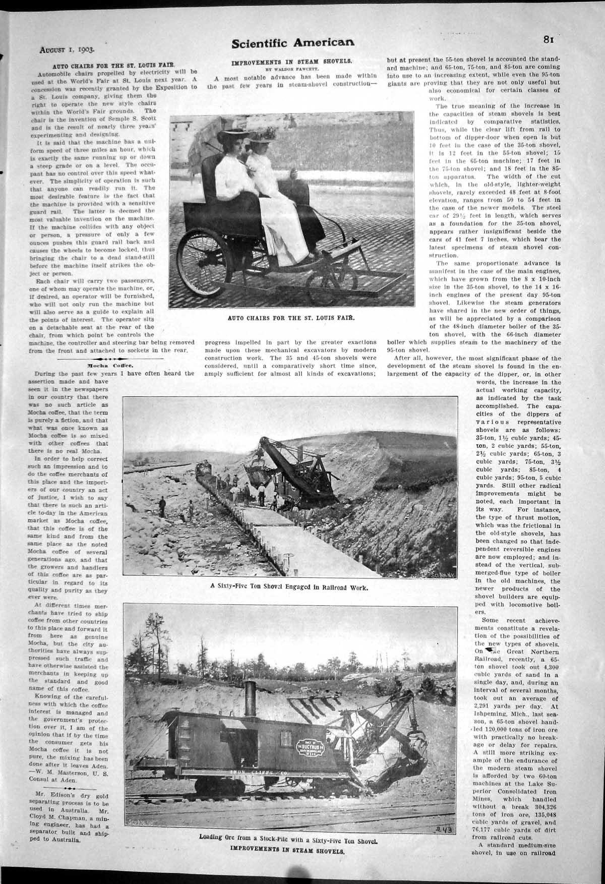 Old 1903 Scientific American Steam Shovels Ore Railway Chairs Louis F 20th