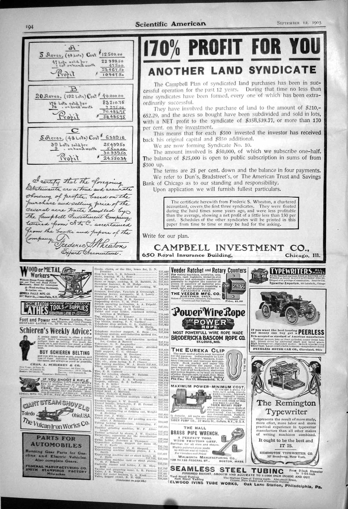 Old Print 1903 Scientific American Campbell Investment Typewriters Lathes 20th