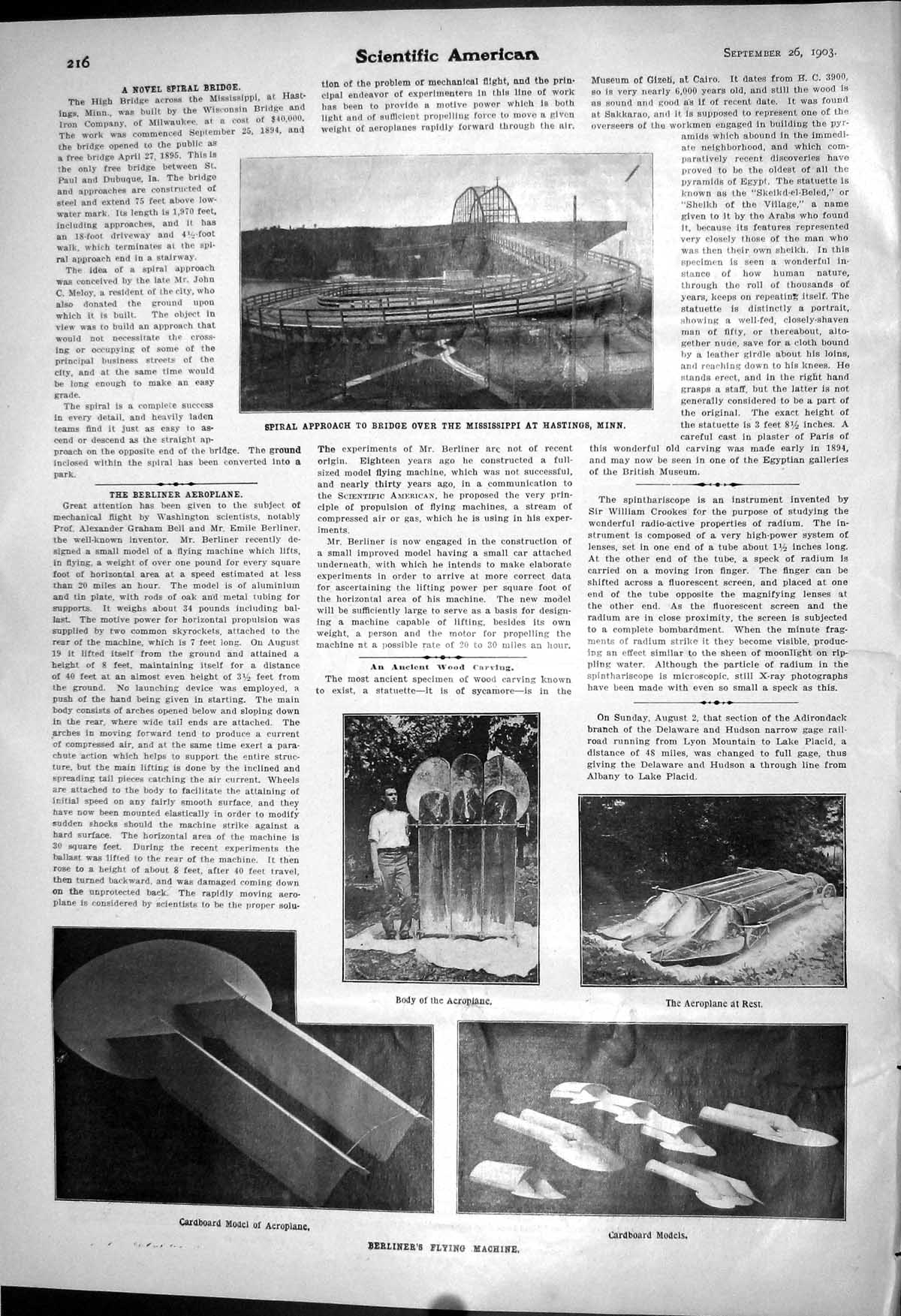 Old 1903 Scientific American Berliner Flying Aeroplane Spiral Bridge 20th