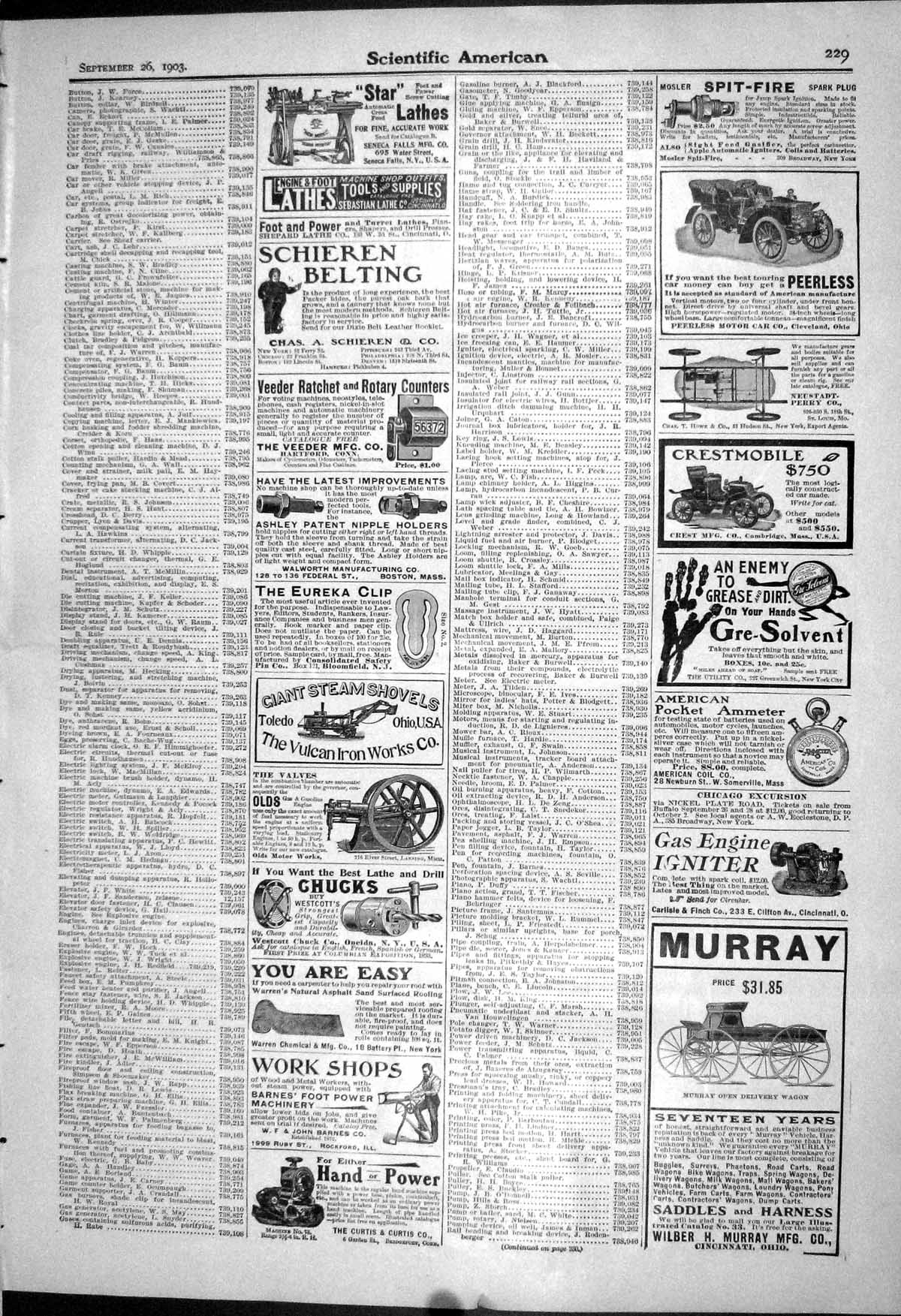 Old 1903 Scientific American Lathes Crest Car Murray Typewriter Light 20th