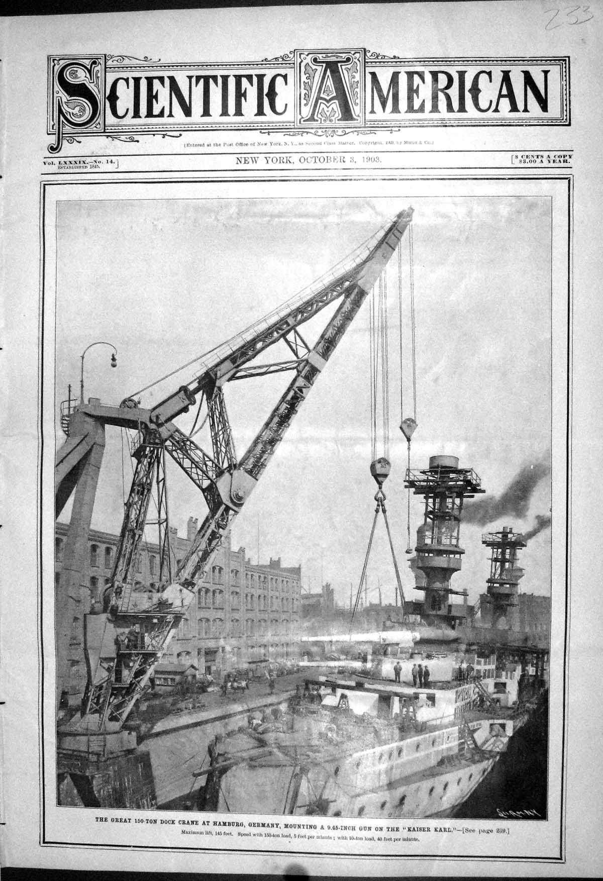 Old 1903 Scientific American 150-Ton Dock Crane Hamburg Germany Kaise 20th